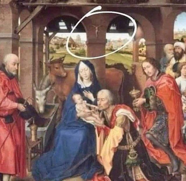 This painting of baby Jesus' nativity with his crucifix in the