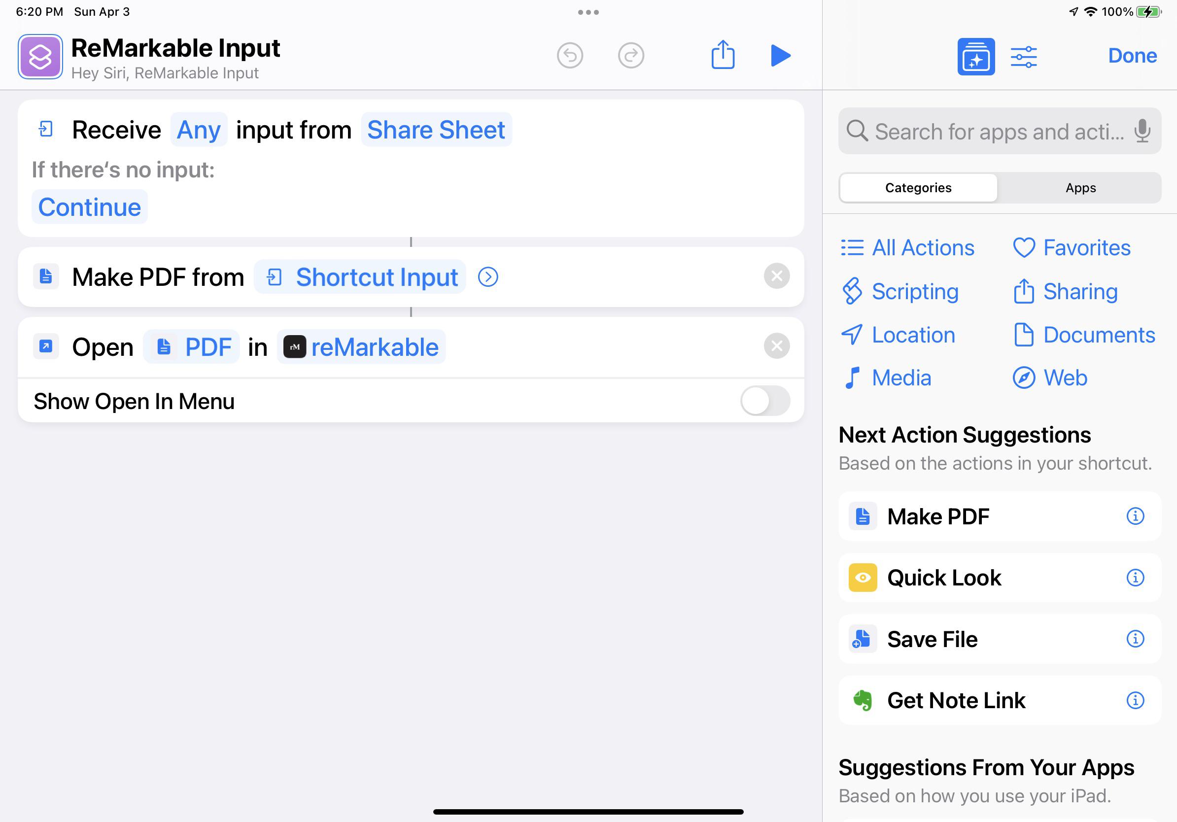 iPad shortcut to create and send PDF to the reMarkable App