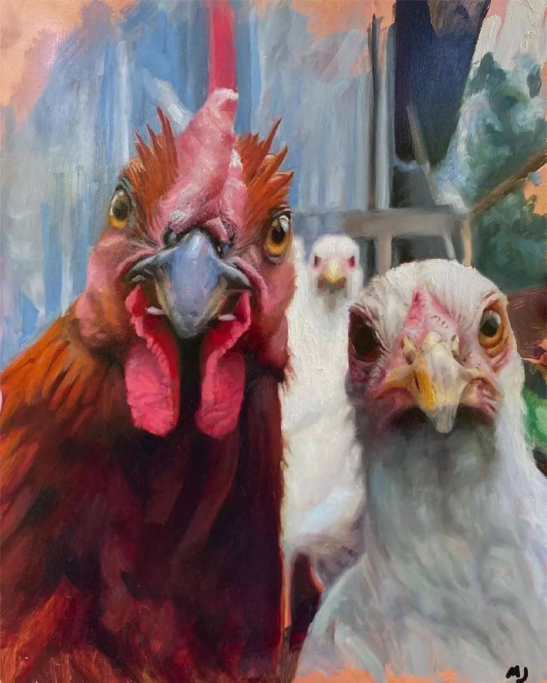Chickens, Marshall Jones, Oil on Copper Panel, 2021. r/Art