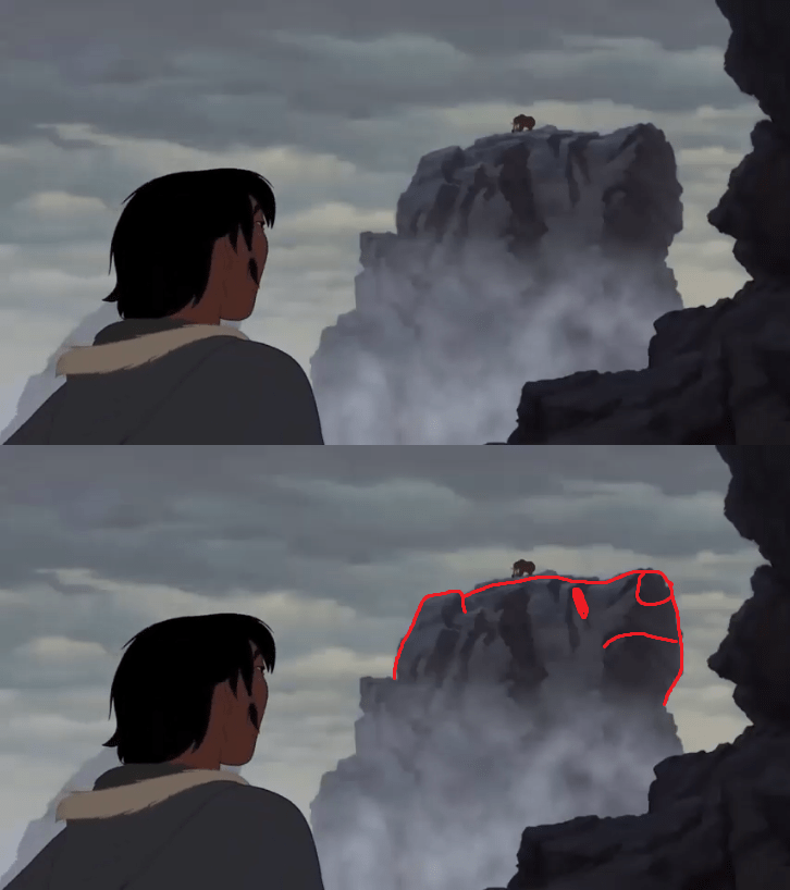 In Brother Bear (2003) the cliff where Kenai kills Koda's mother and