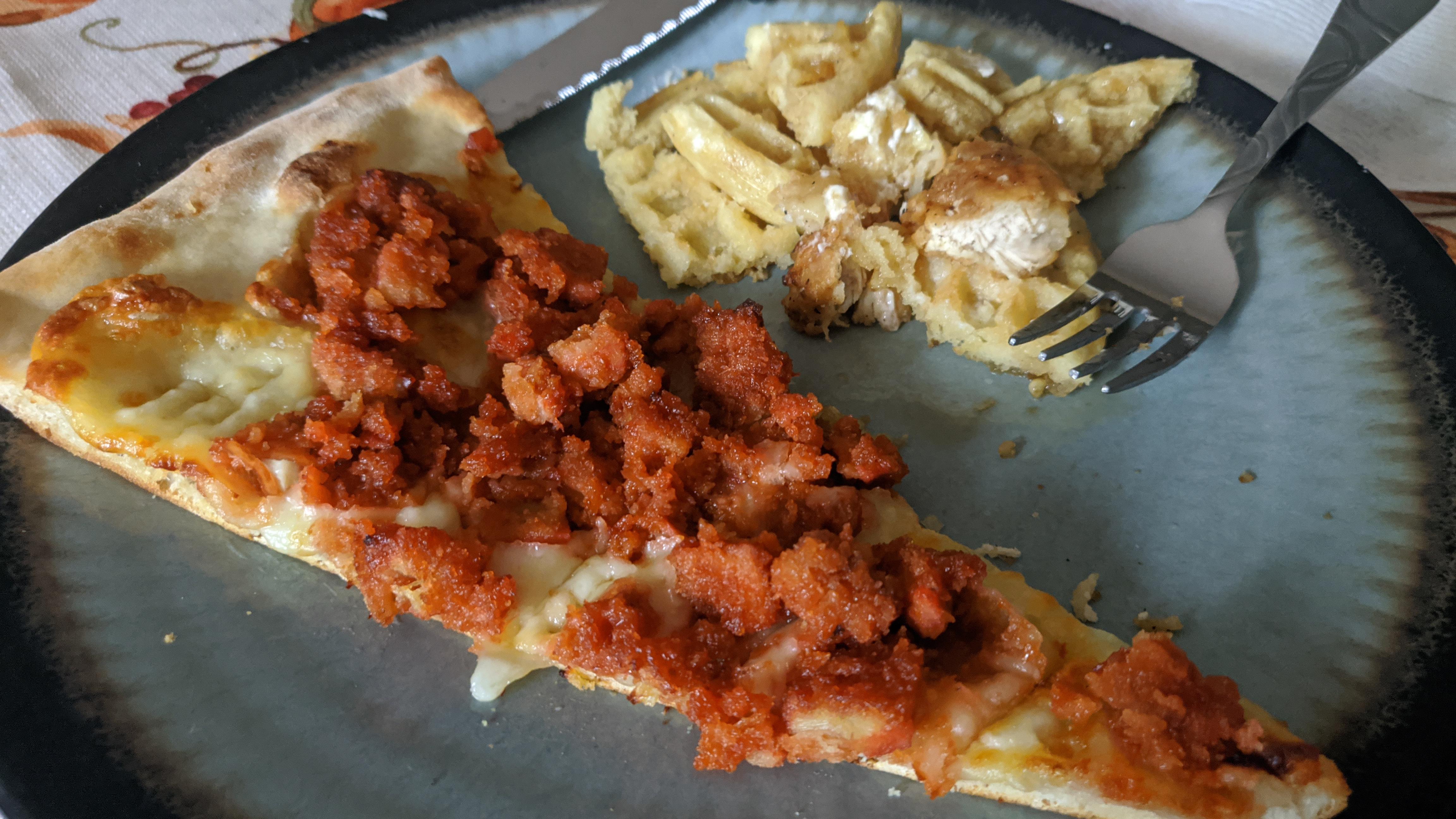 Sweet BBQ pizza with Fried chicken and waffles r/stonerfood