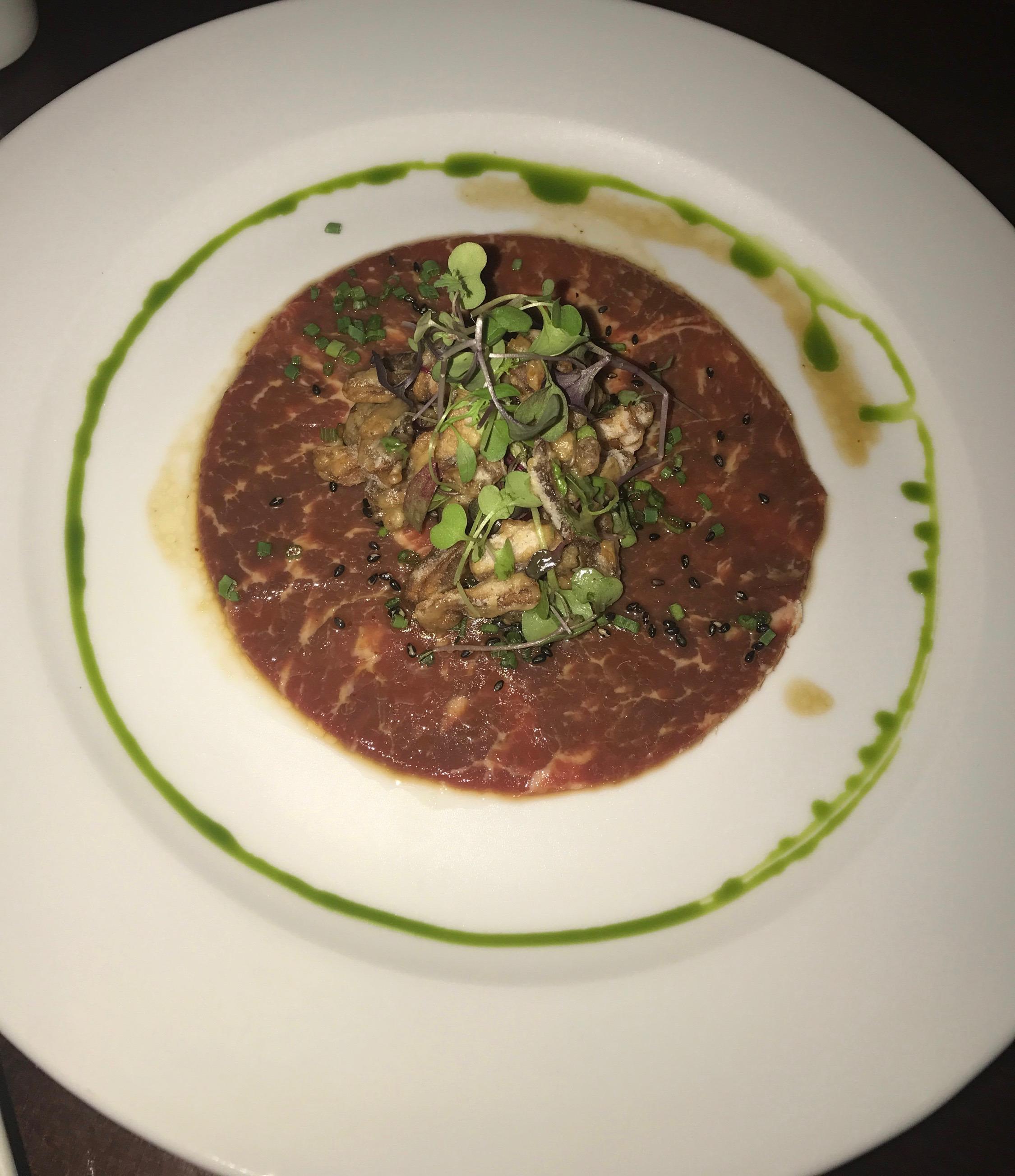 Kobe Wagyu Carpaccio with crispy shiitake mushrooms, yuzu dressing and