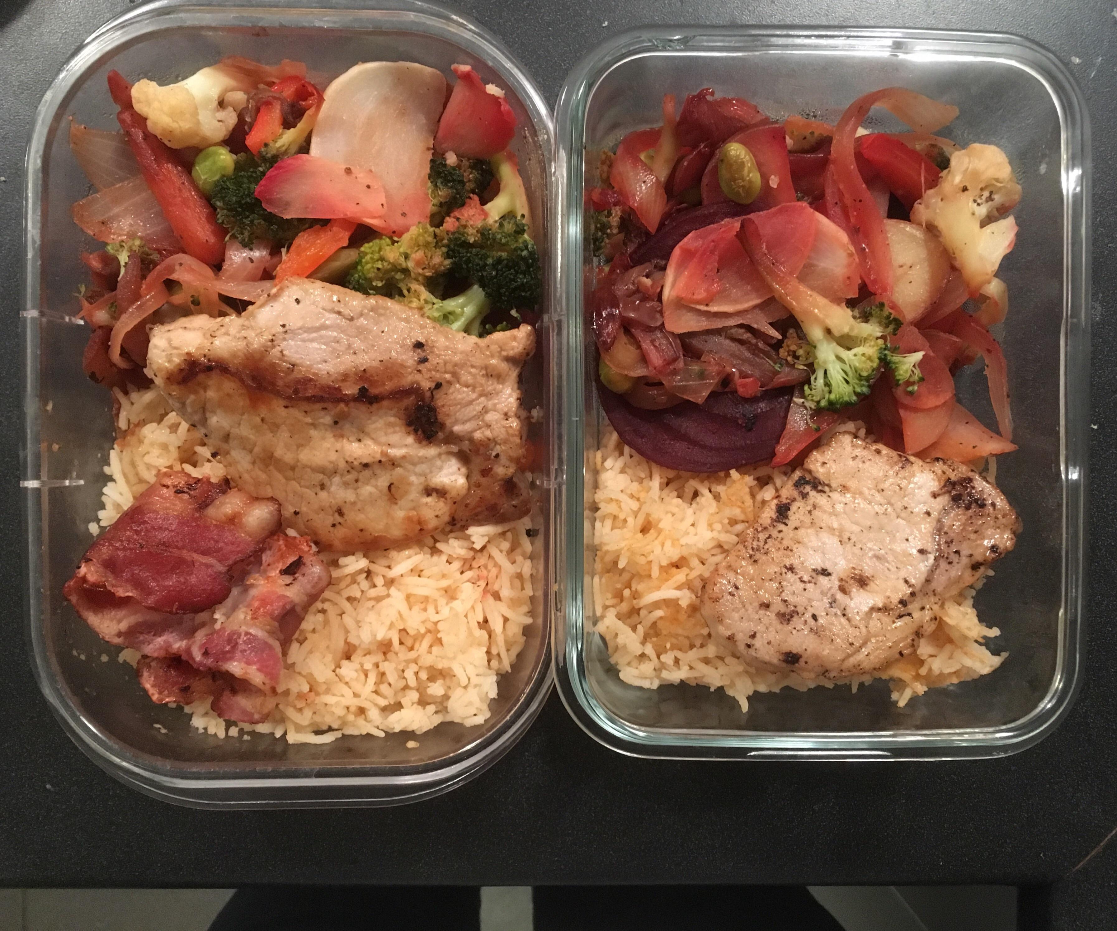 Mini meal prep of pork chops with paprika basmati rice and mixed