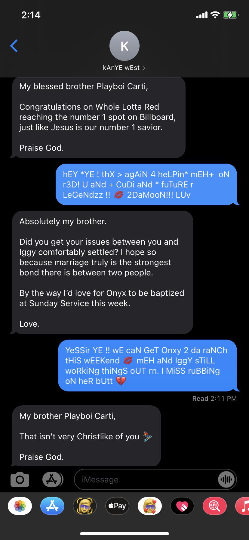 New leaked texts between Carti and Ye : playboicarti