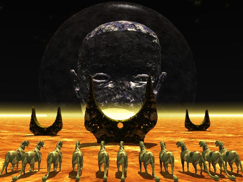 The Gathering... Animals imported from Poser. Raptor head, horse body