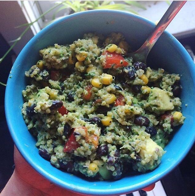 Mexican Quinoa Salad with Black Bean, Red Pepper, Corn, Avocado, and