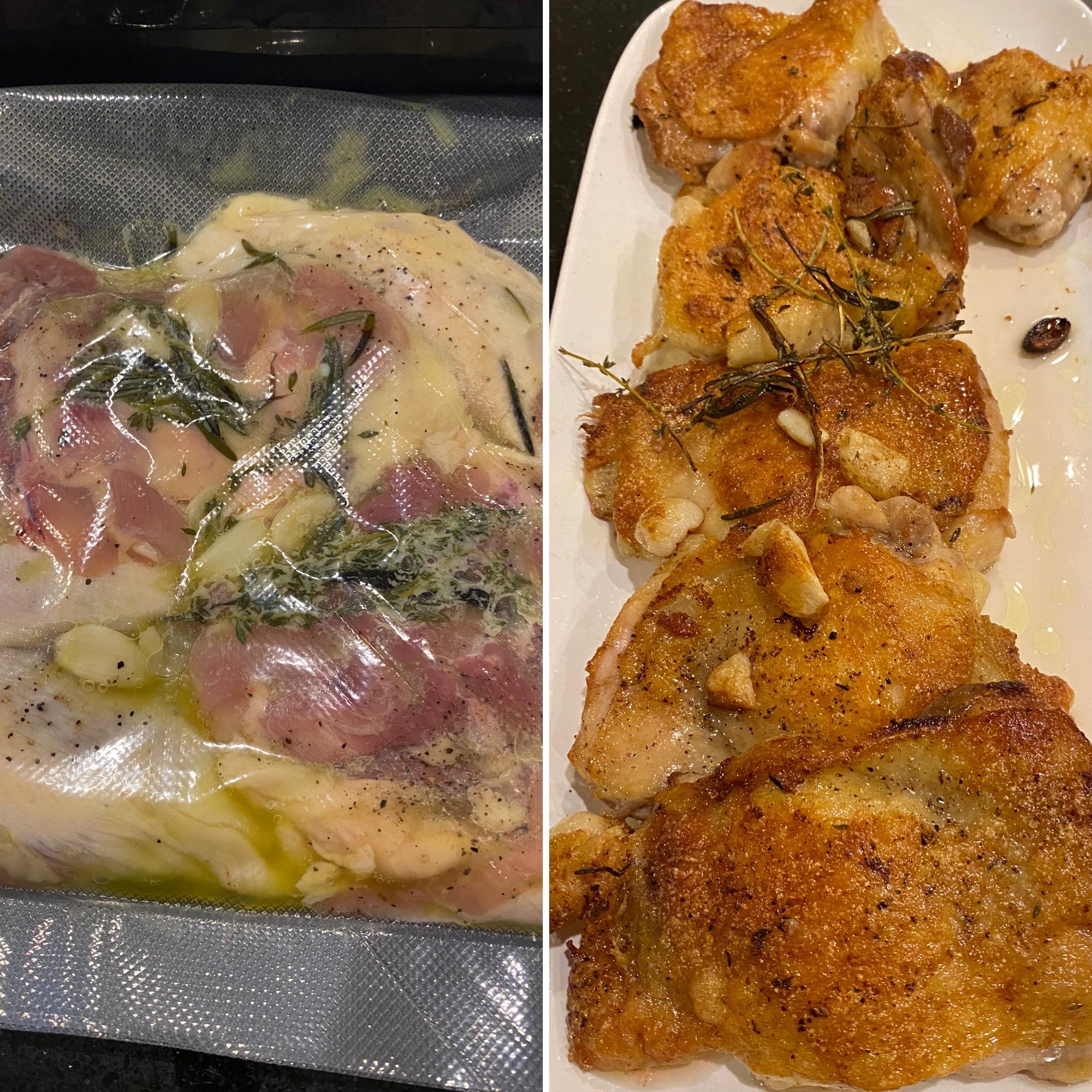 Sous vide boneless chicken thighs with garlic rosemary, thyme infused