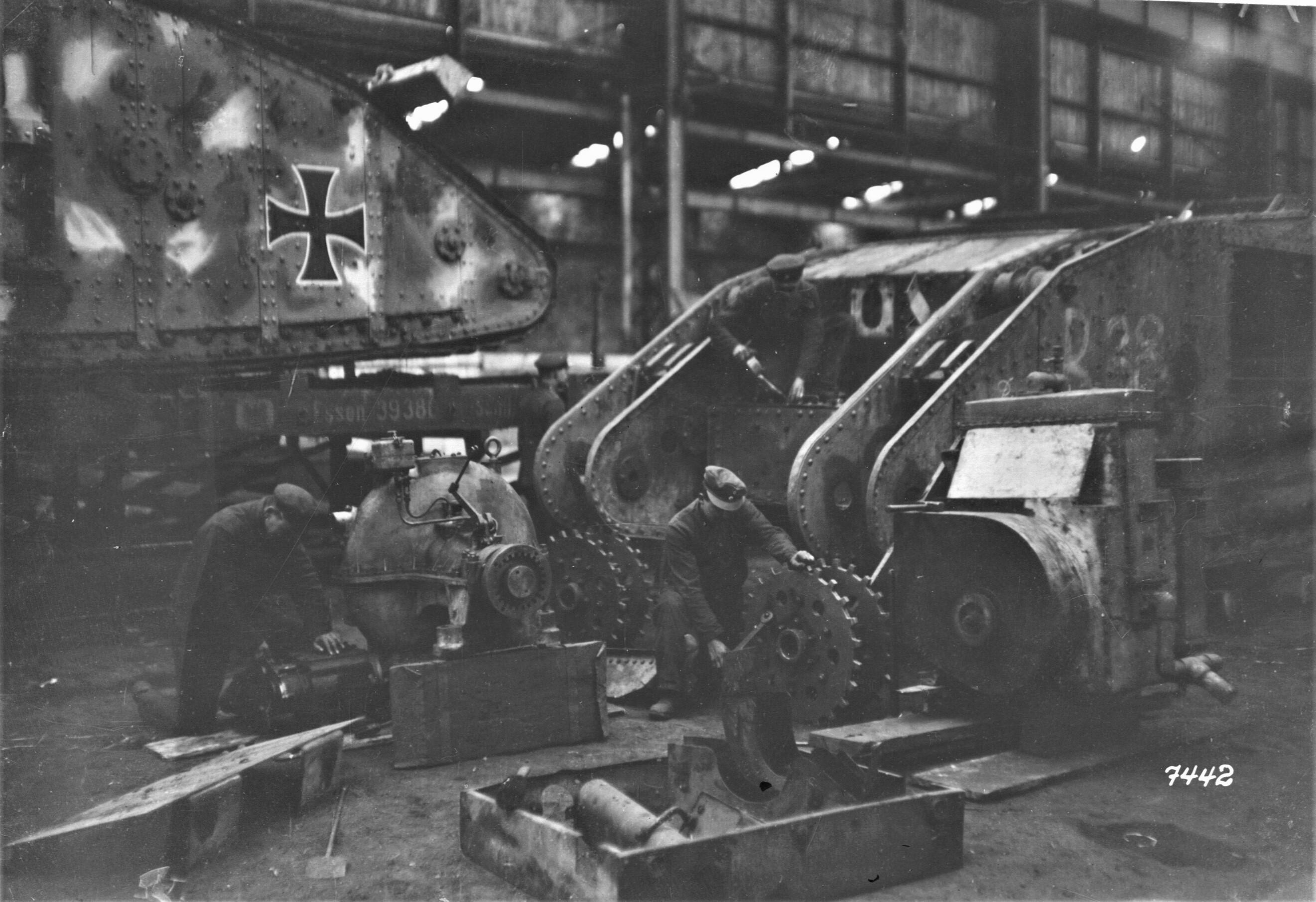 Captured British tanks in a German repair shop. Work is being carried