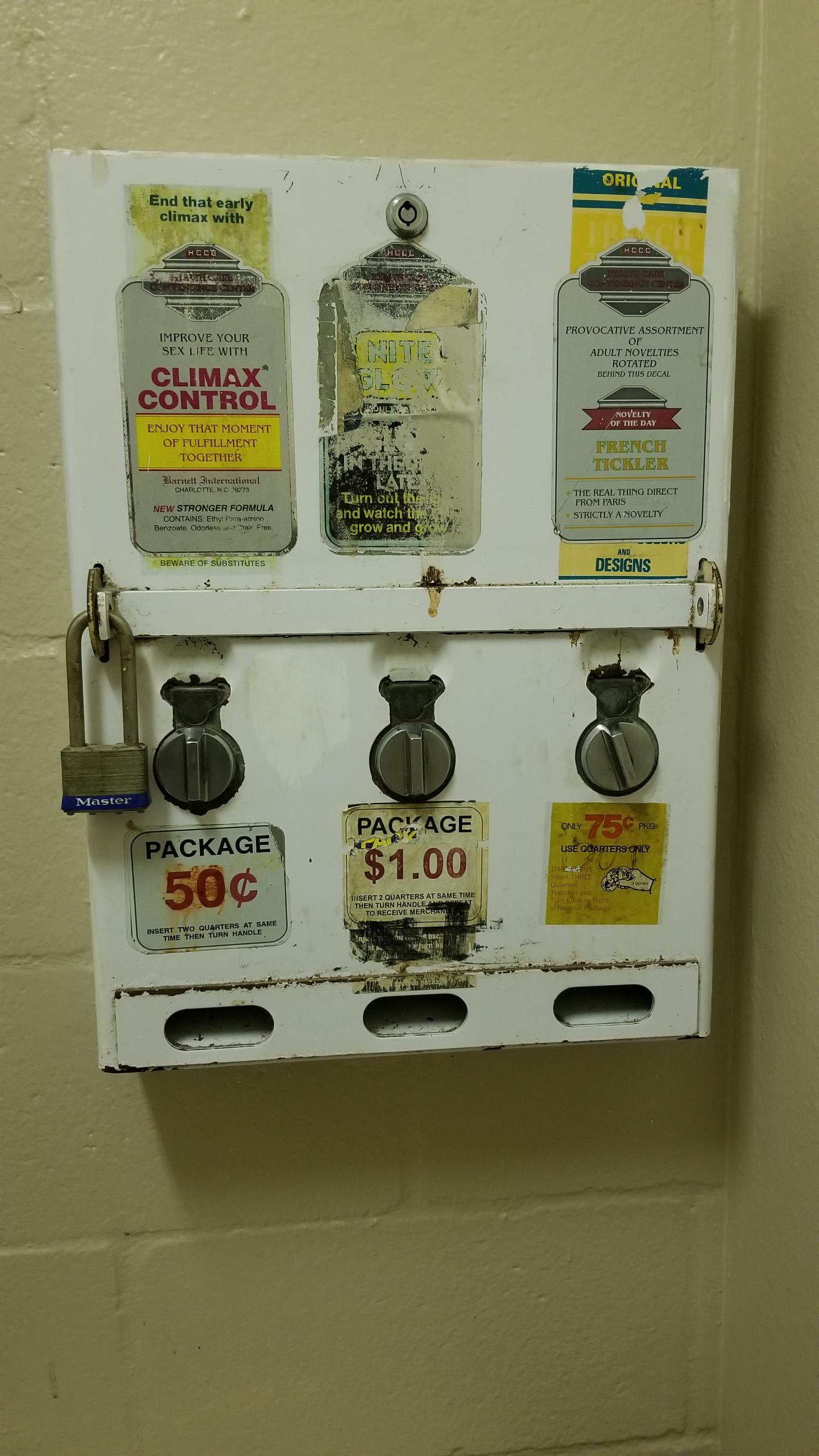 This old school condom dispenser I found in a gas station r