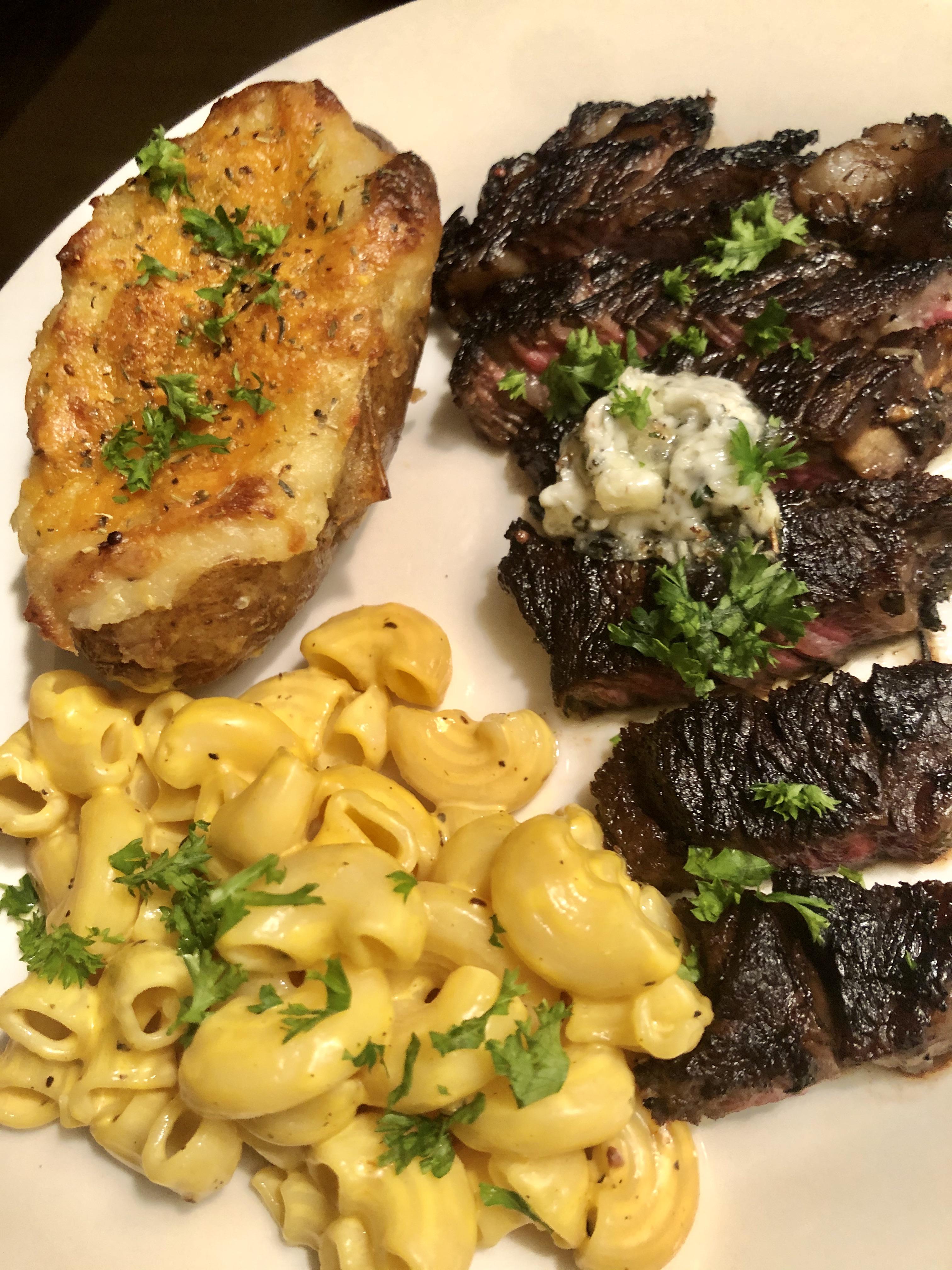 Ribeye basted with garlic butter, thyme, and rosemary. Topped with a