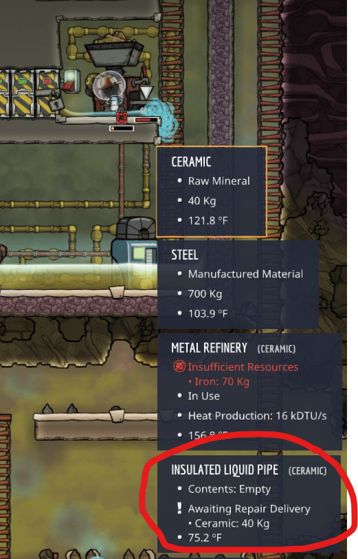 Hi ONI Redditers. What am I doing wrong here? Insulated Ceramic pipes are taking heat damage at