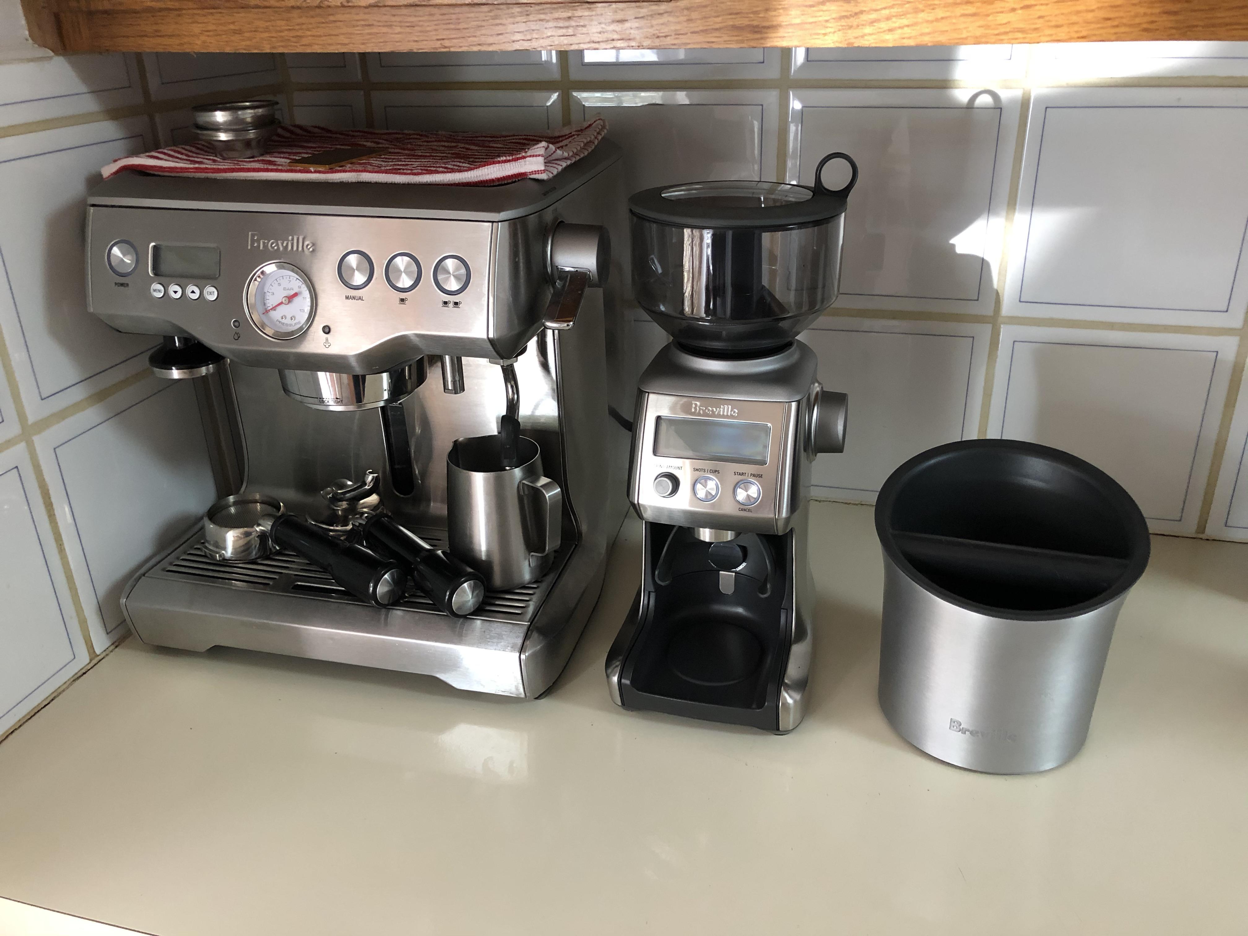 My improved coffee station! Breville 920xl, Breville grinder, Breville