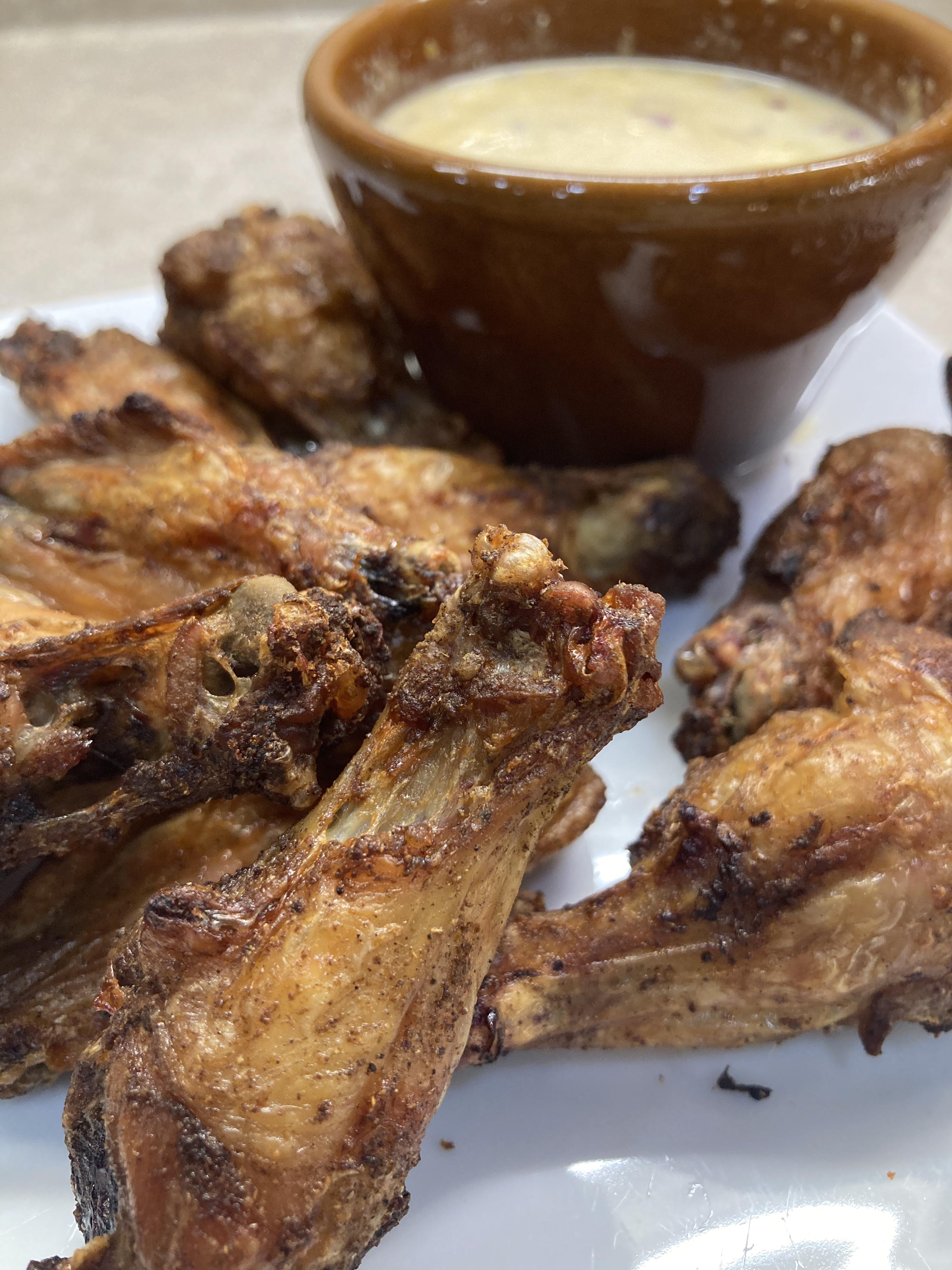 [Homemade] air fried Jamaican jerk chicken wings with a habanero blue