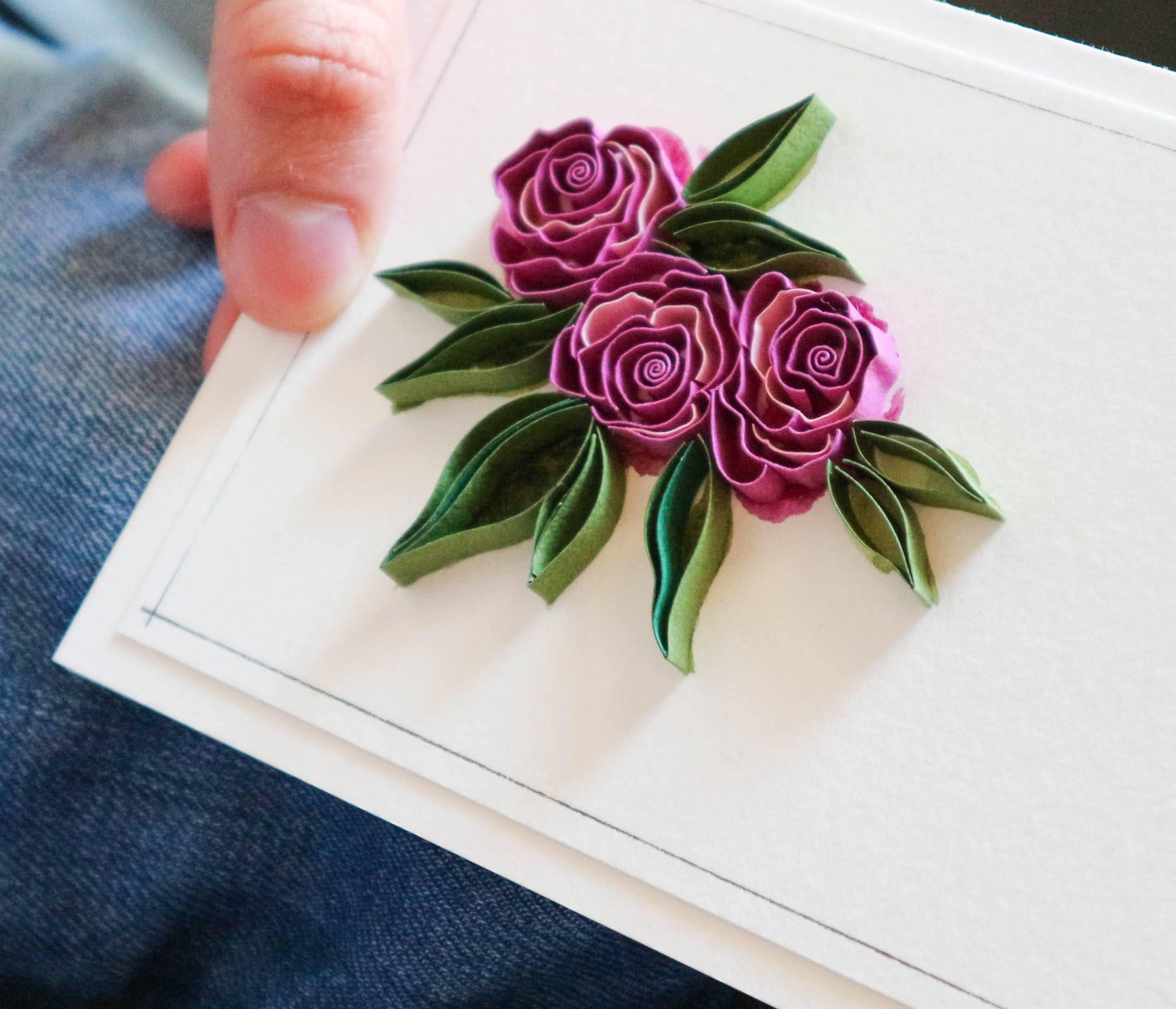I made a card with paper Quilling roses and leaves. I also used