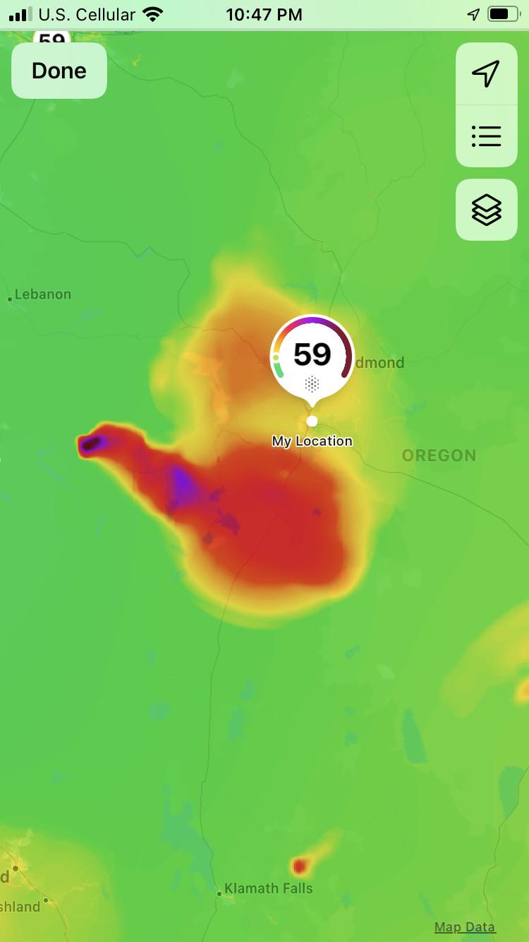 Air quality 7/23/2023 1100 PM. La Pine is getting trounced, Bend is
