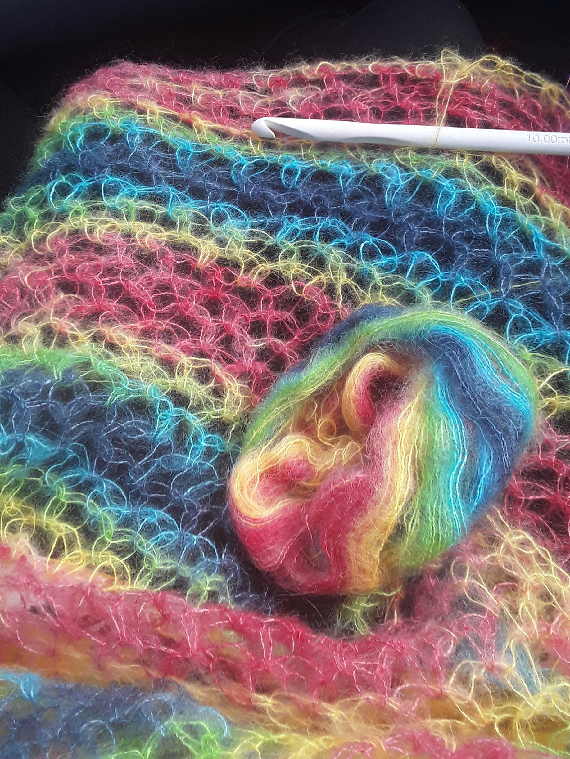 Moss aka Linen aka Granite stitch using mohair/silk yarn with 15mm hook