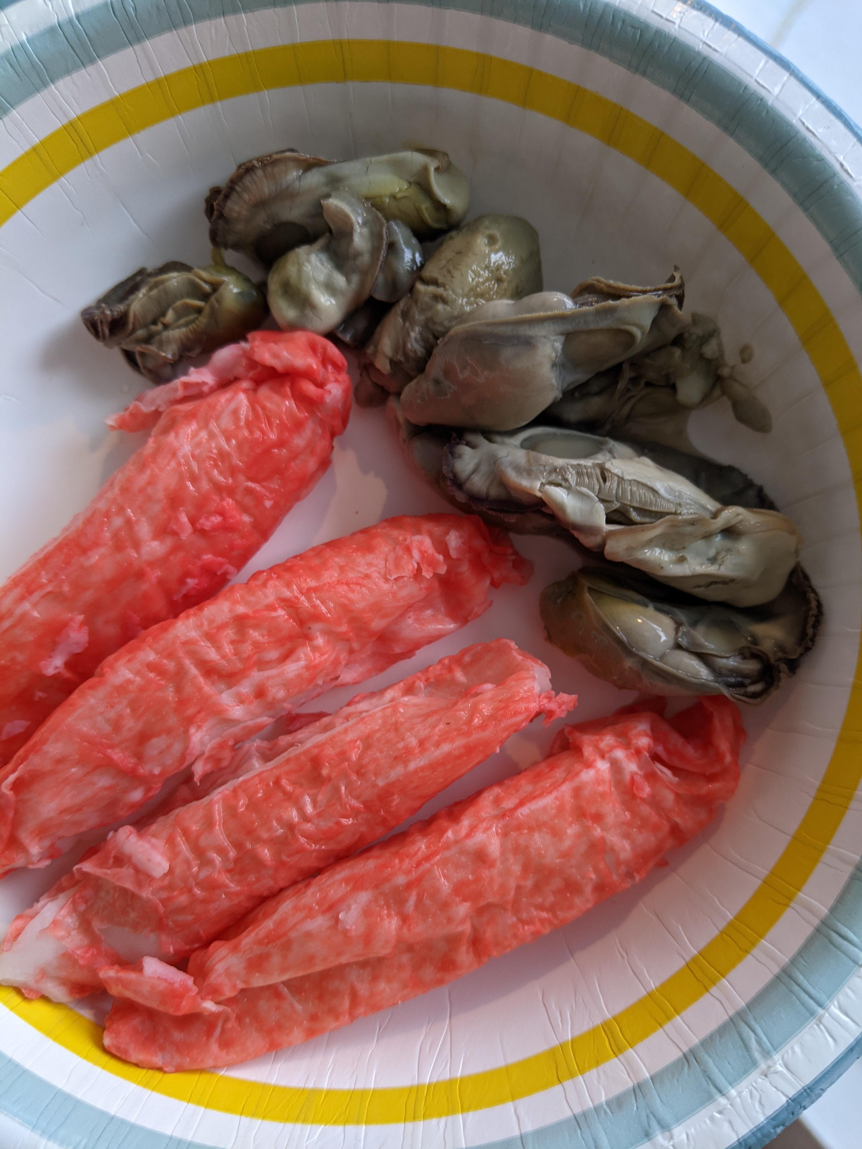 Seafood Platter boiled canned oysters and imitation crab stick served