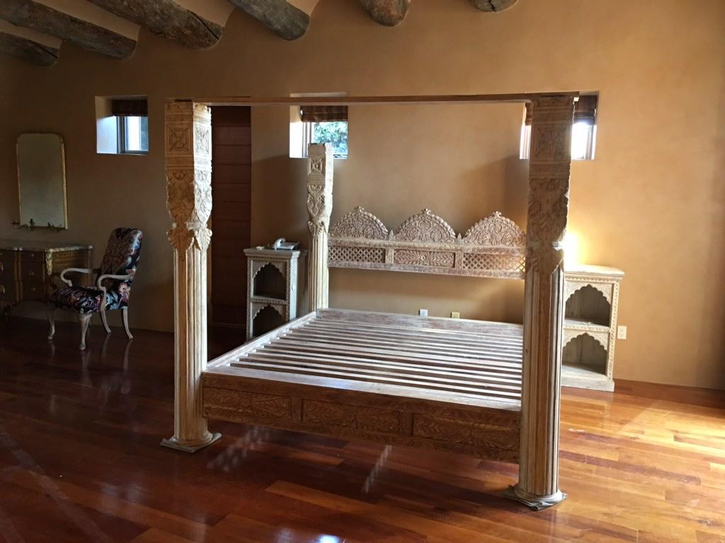 Hand Carved Triple Arch Jhula Pillar Canopy Bed. Hand carved from Neem