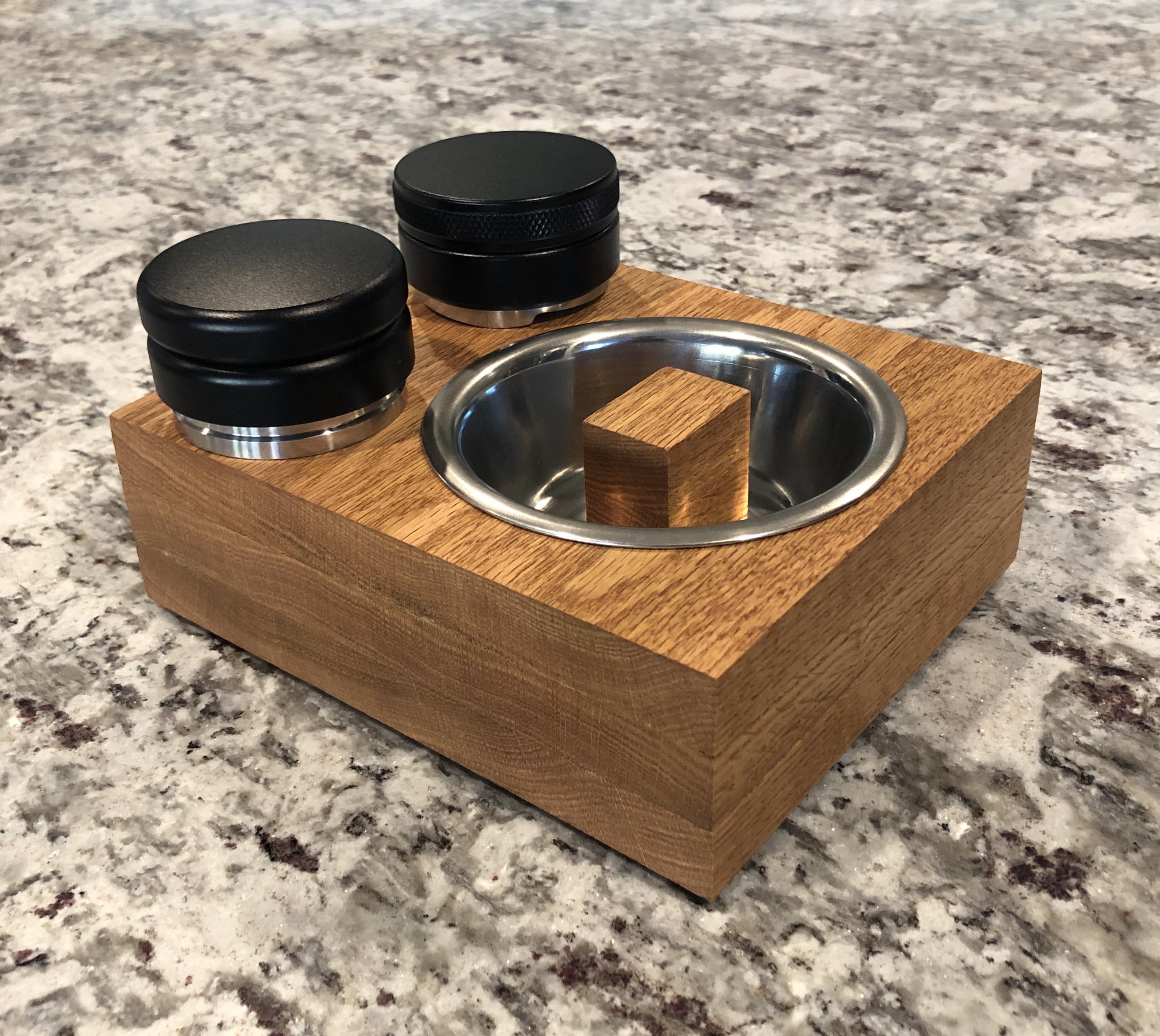 Decided to complete a little project. Oak tamping station r/espresso