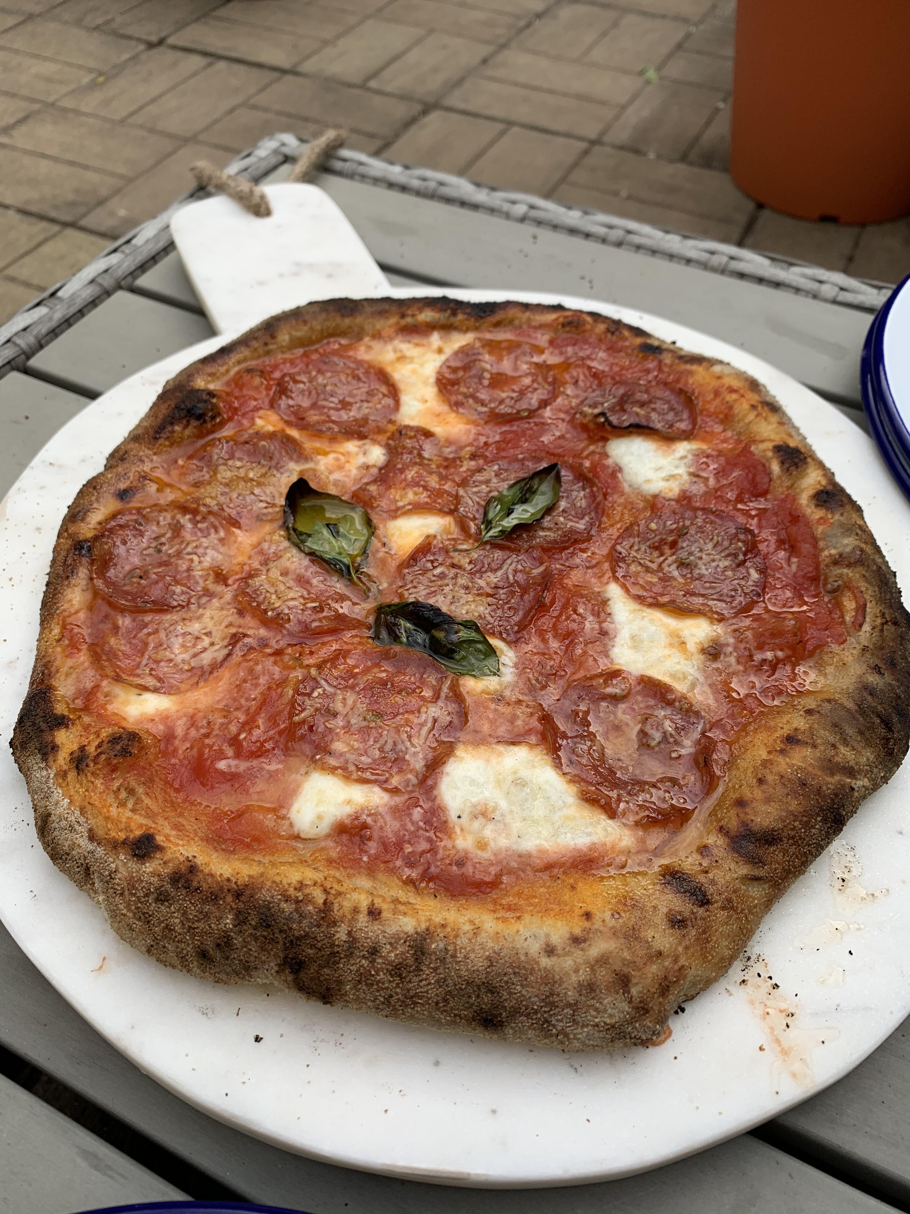 Pep pie with a sourdough base, cooked in ooni Pizza