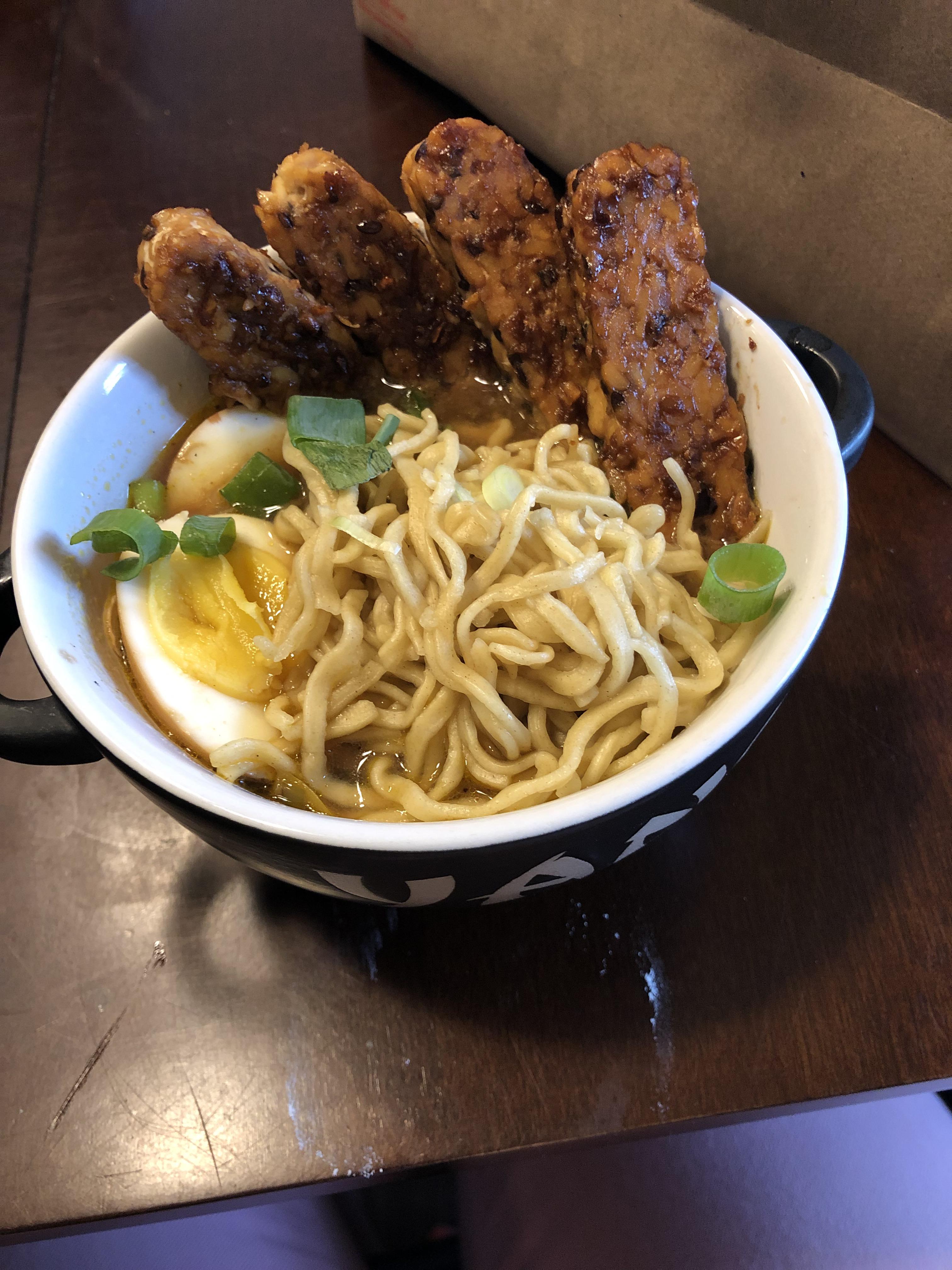 Veggie ramen with marinated tempeh and homemade noodles and fermented