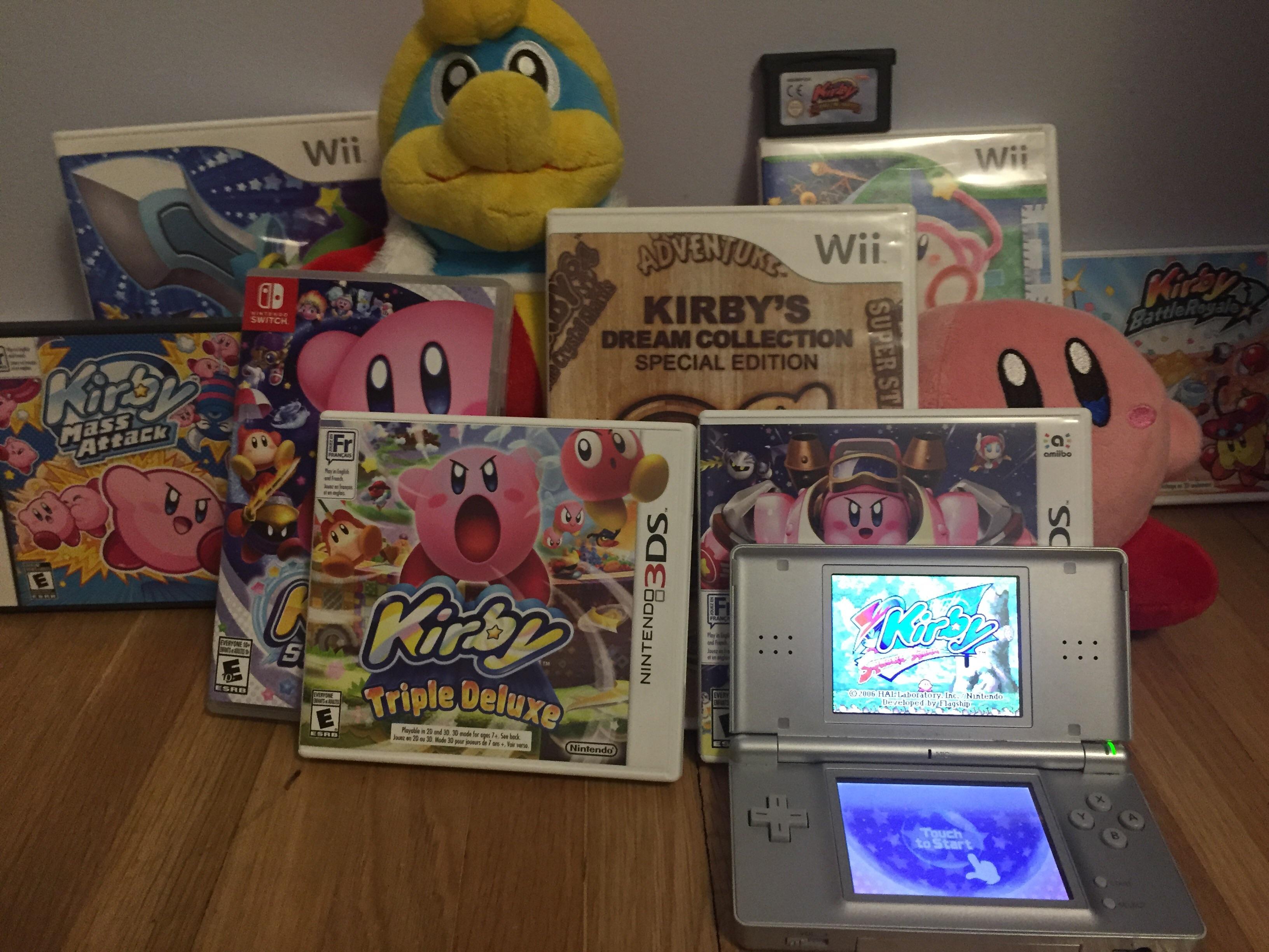 My Kirby games/merchandise collection (put squeak squad in DS lite