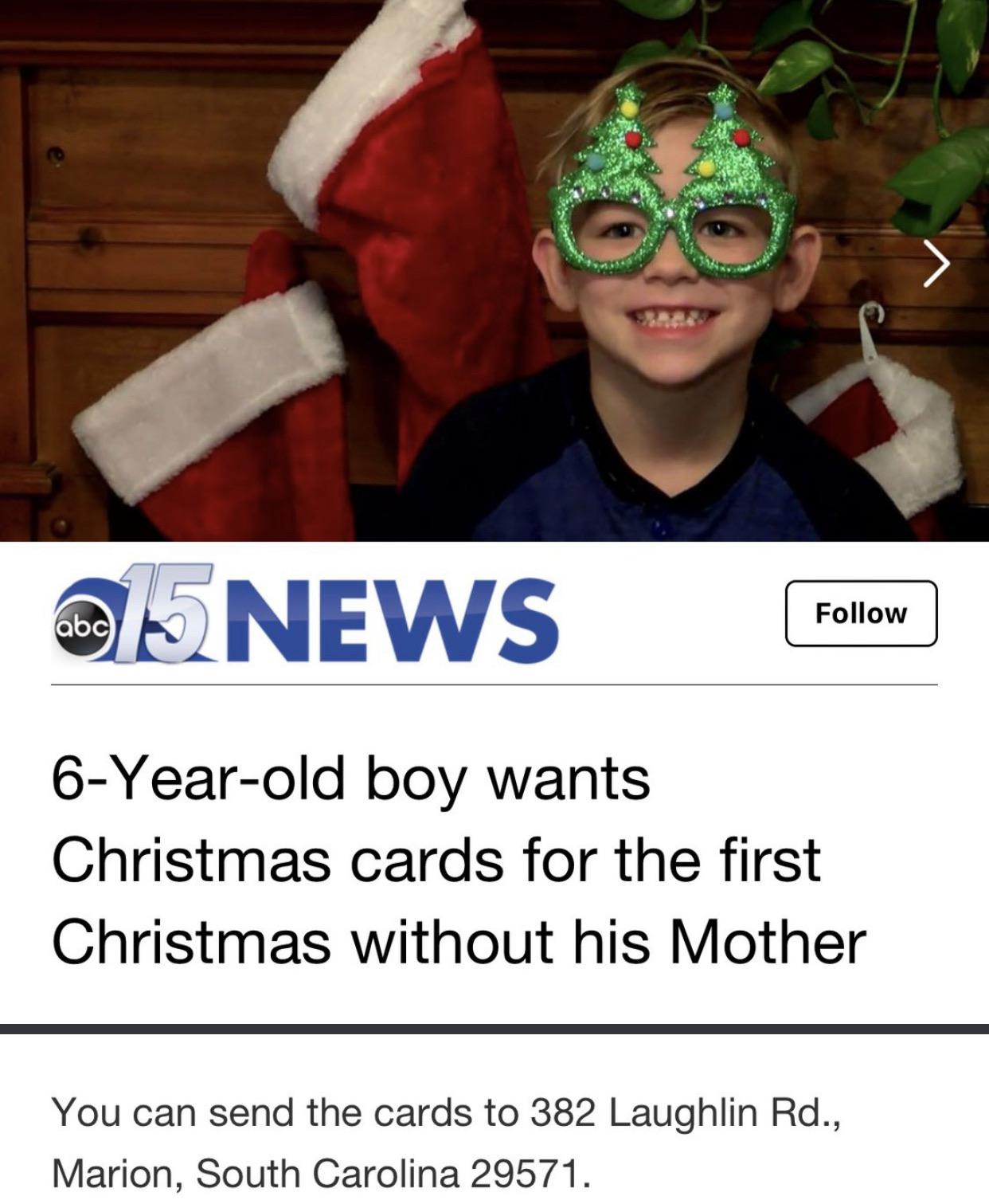 6 year old boy is asking for Christmas Cards HumansBeingBros