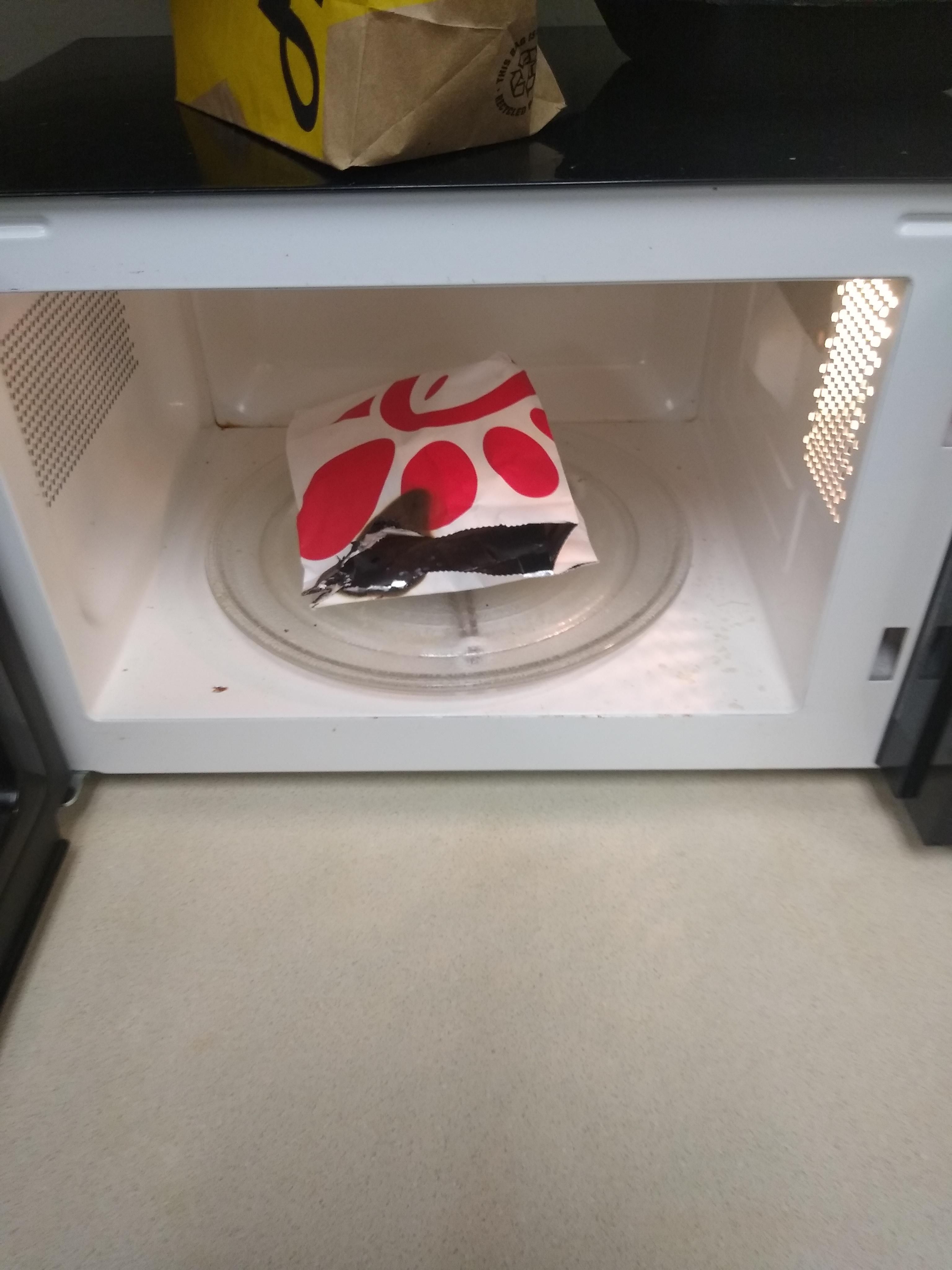 My friend tried to microwave a chick fil a sandwich