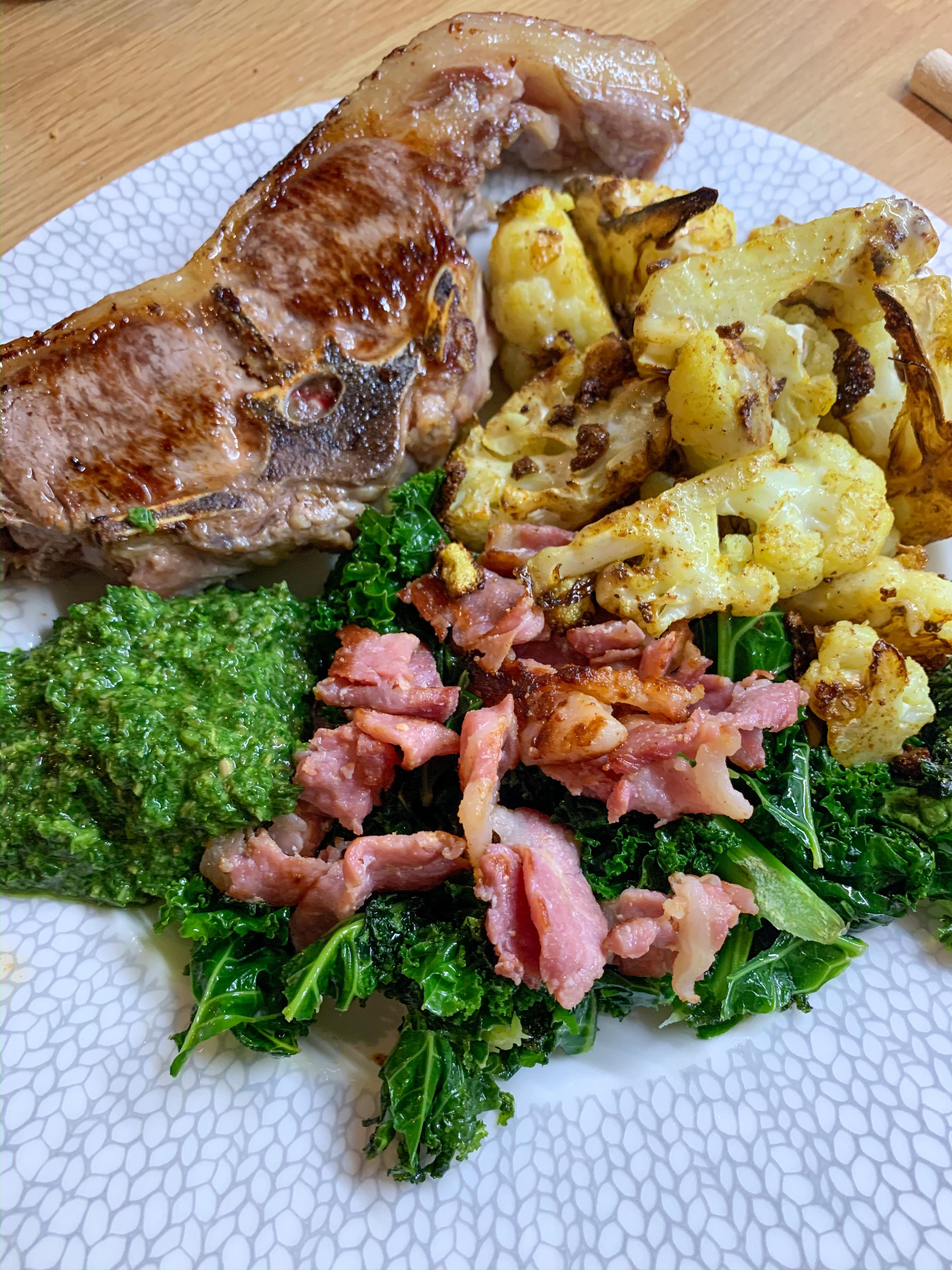 First keto dinner lamb, roasted cauliflower, kale, bacon, salsa verde r/ketobeginners
