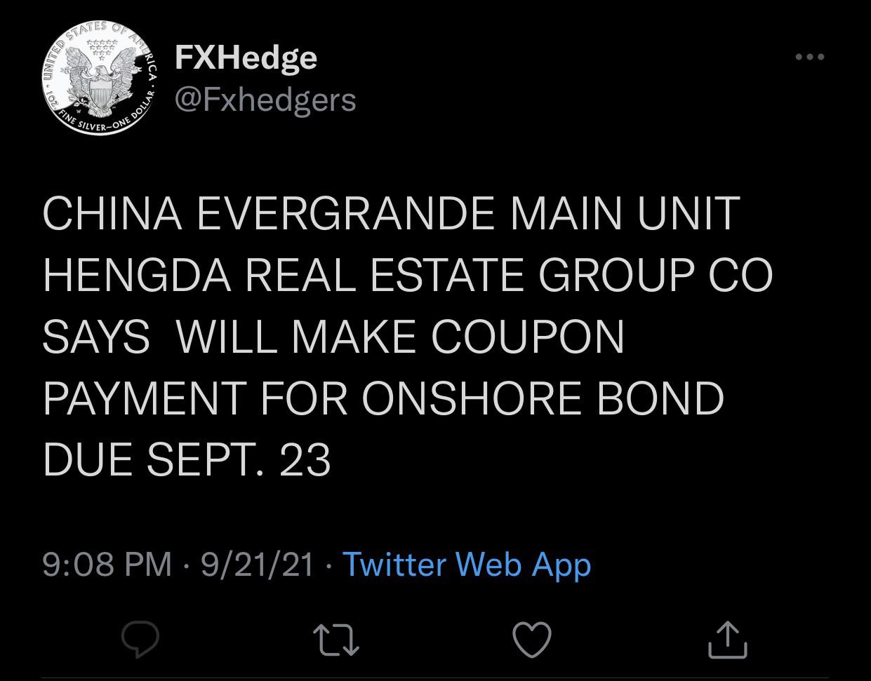 Evergrande to make Coupon payment for onshore bond due Sept 23rd r