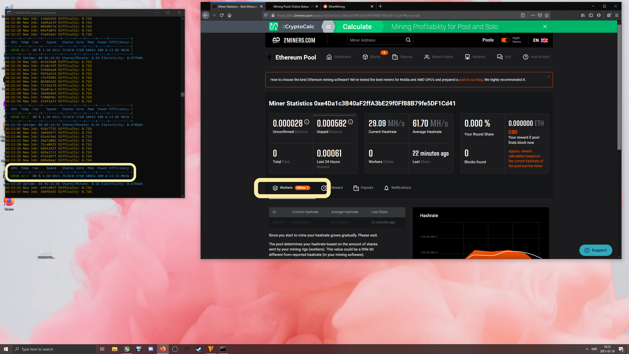 Pool mining for the first time When checking my Miner Stats it says "Workers Offline1" what