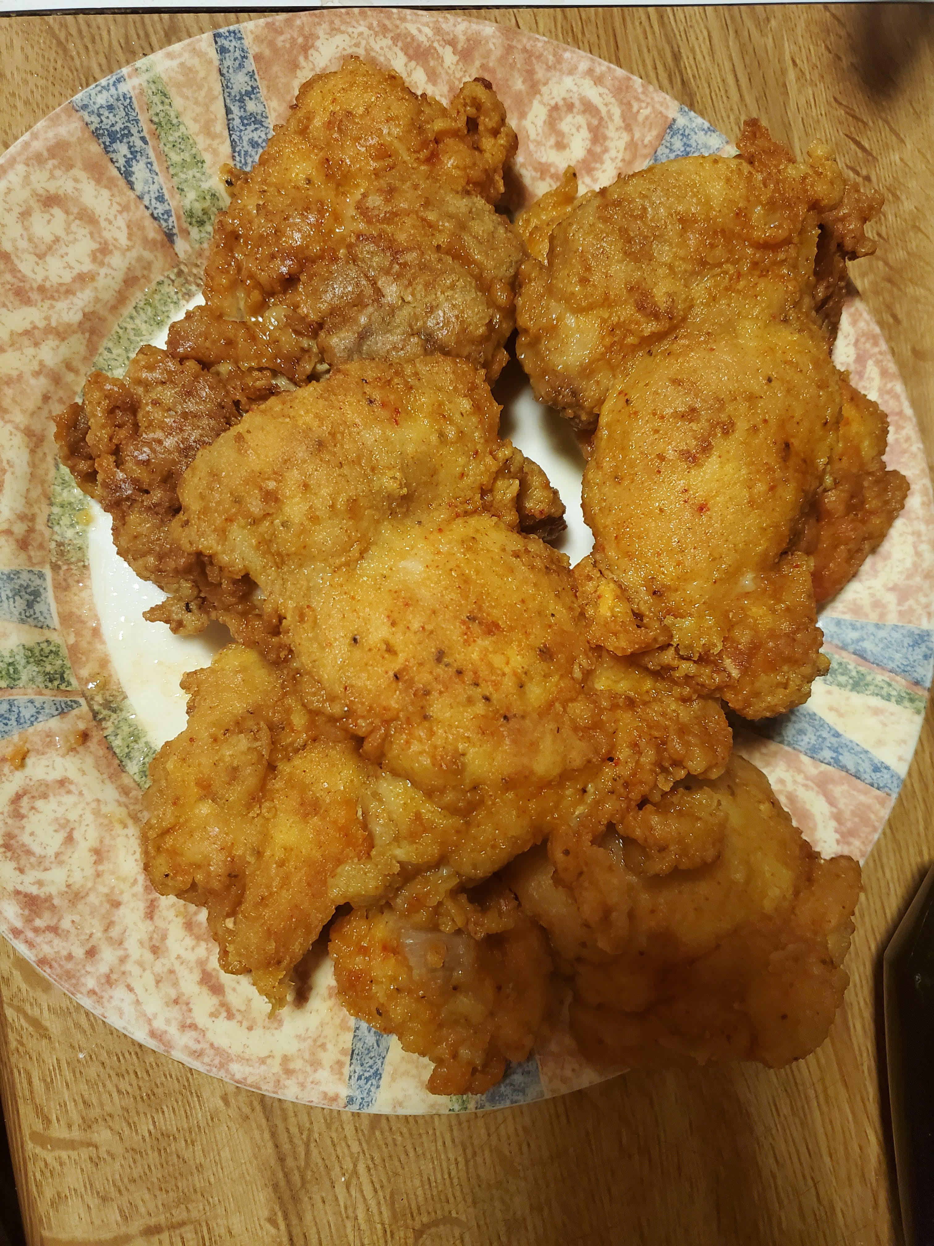 [Homemade] mustard fried chicken thighs r/food