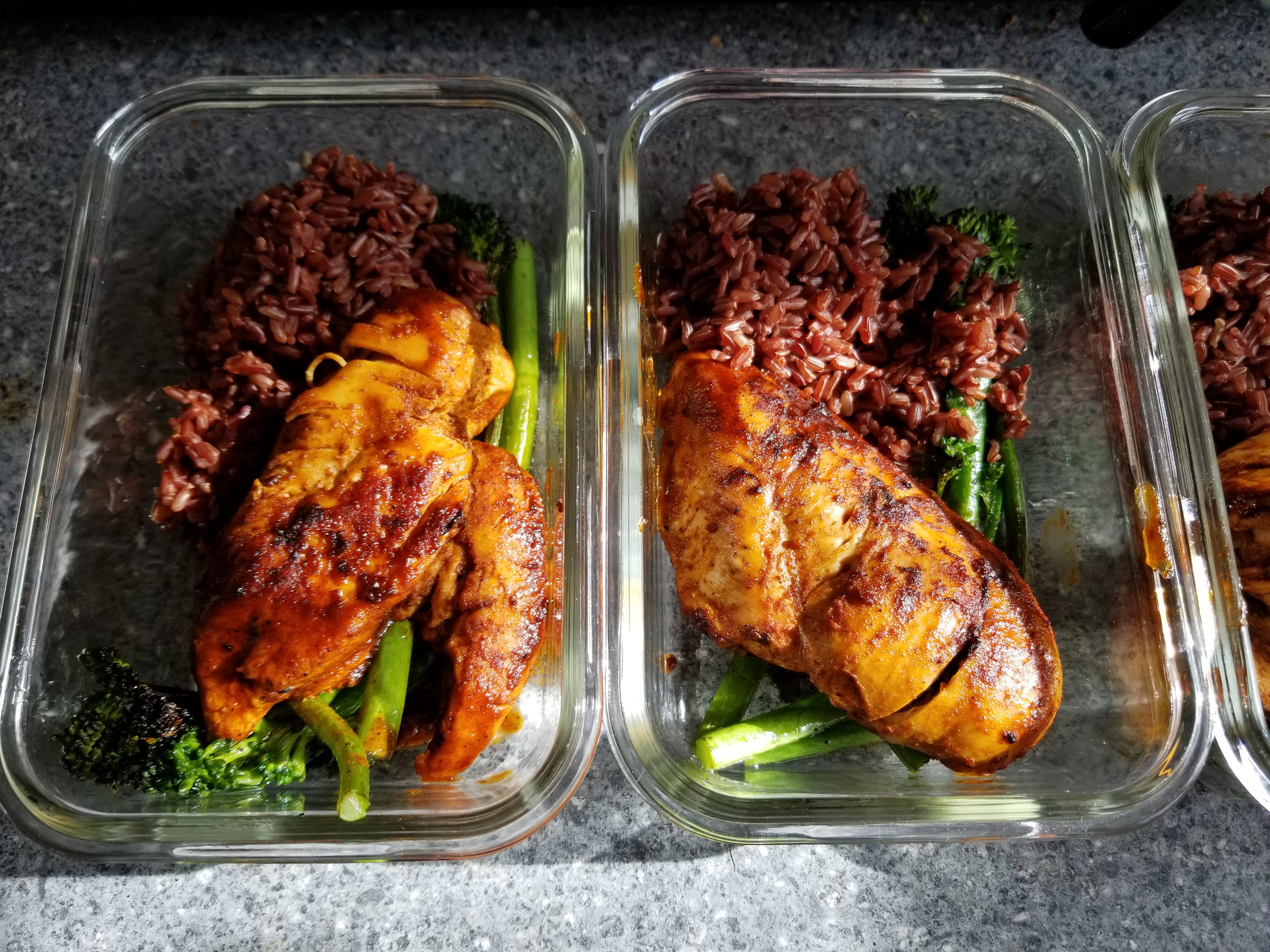 Red rice & Tenderstem Broccoli w/ Garlic and Paprika Chicken. First