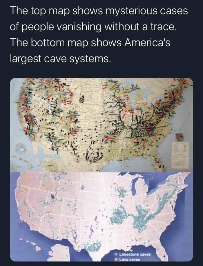 Map of missing people compared to map of cave systems MapPorn