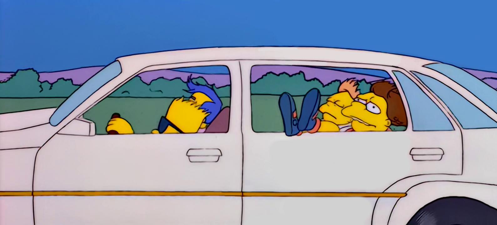 Put together a full picture of Bart and his friends going on a car trip