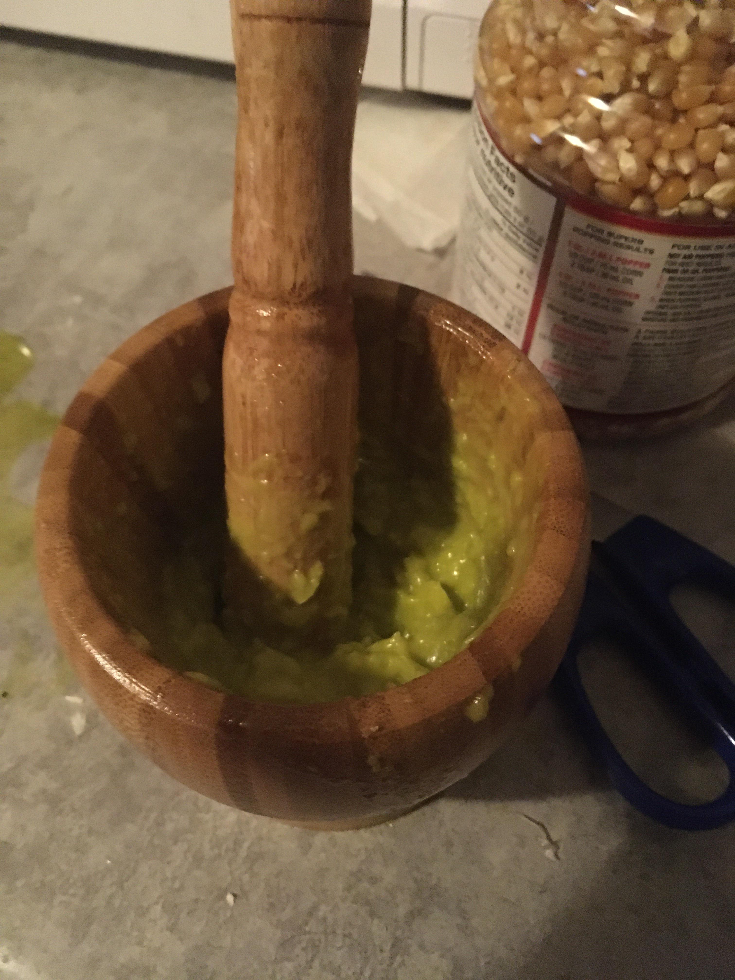 I just made traditional aioli in my new bamboo mortar and pestle. I got
