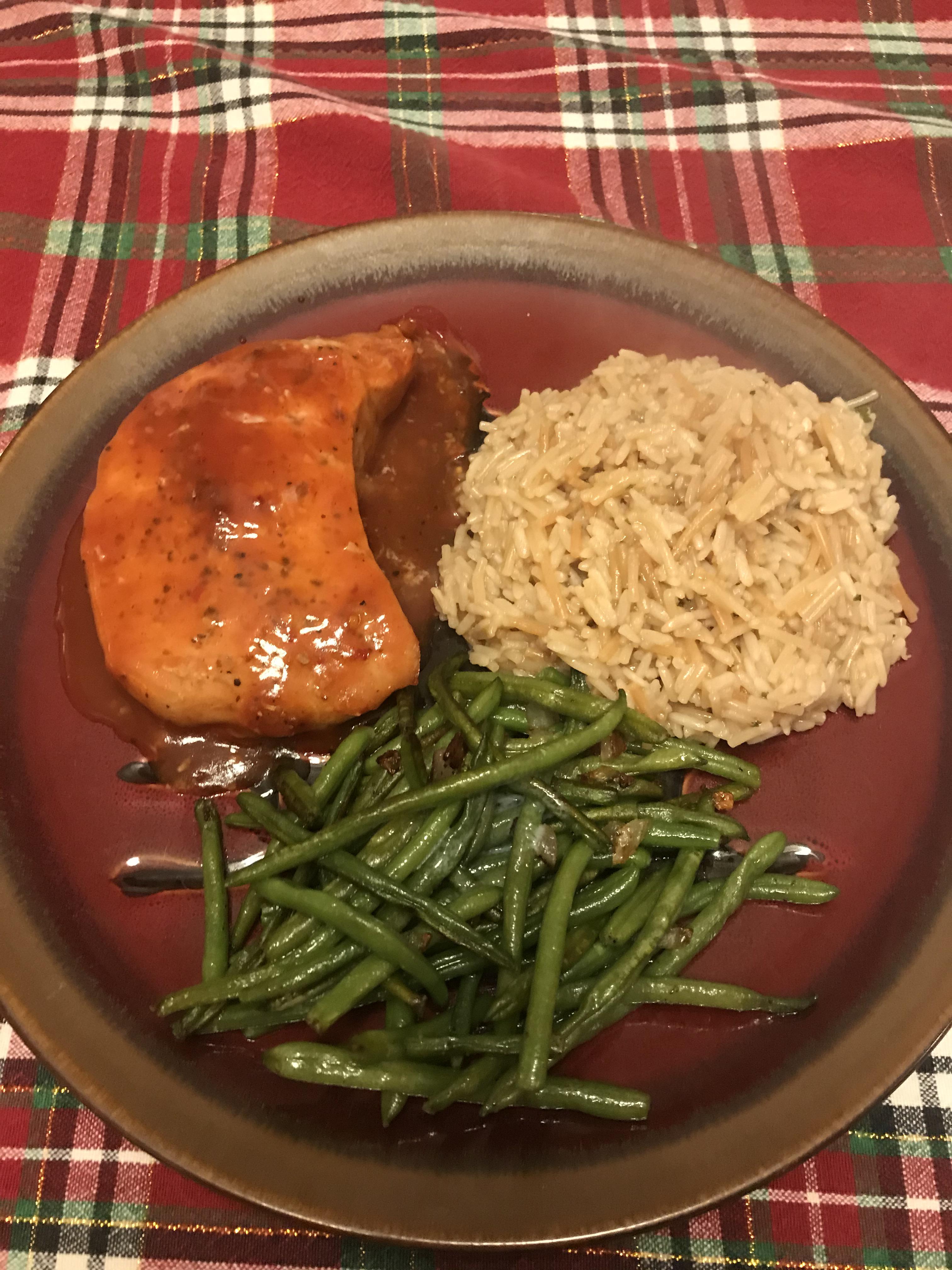 BBQ pork chop with mushroom rice and green beans. r/tonightsdinner