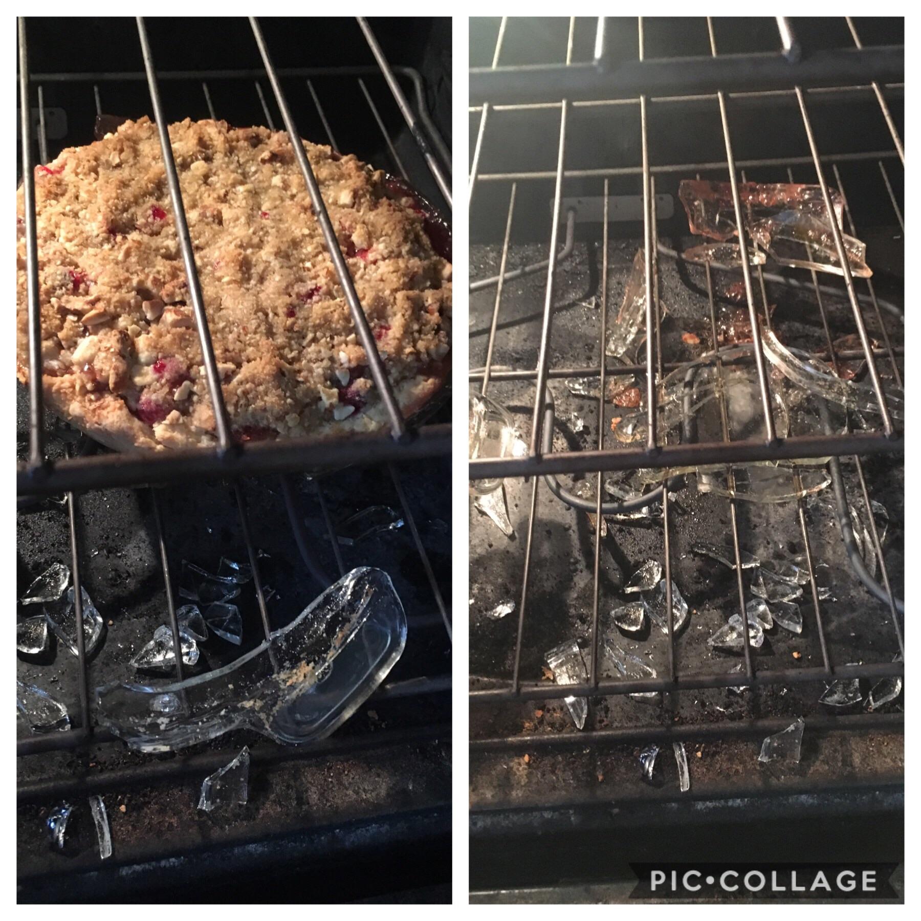 Pyrex pie pan exploded in oven after 45 minutes baking. Was able to