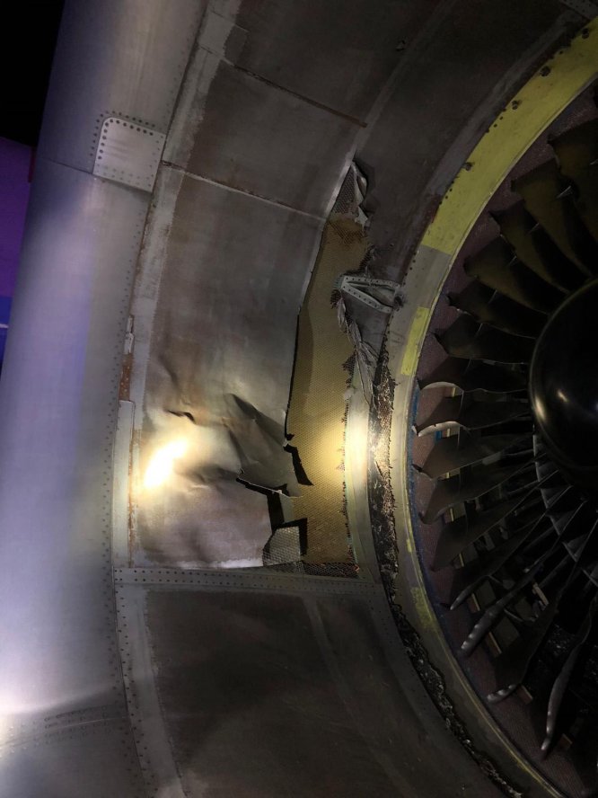 The damage this Air Canada engine took while taking off in Madrid (got