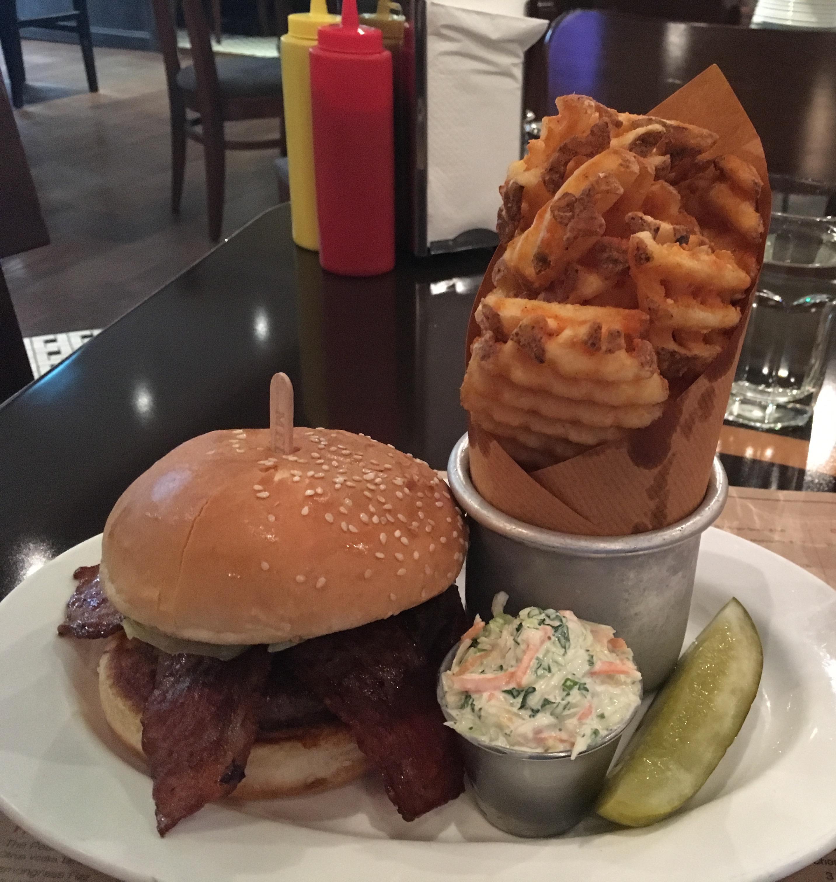 Bacon Bacon Burger with tower of waffle fries at BLT Burger, Causeway