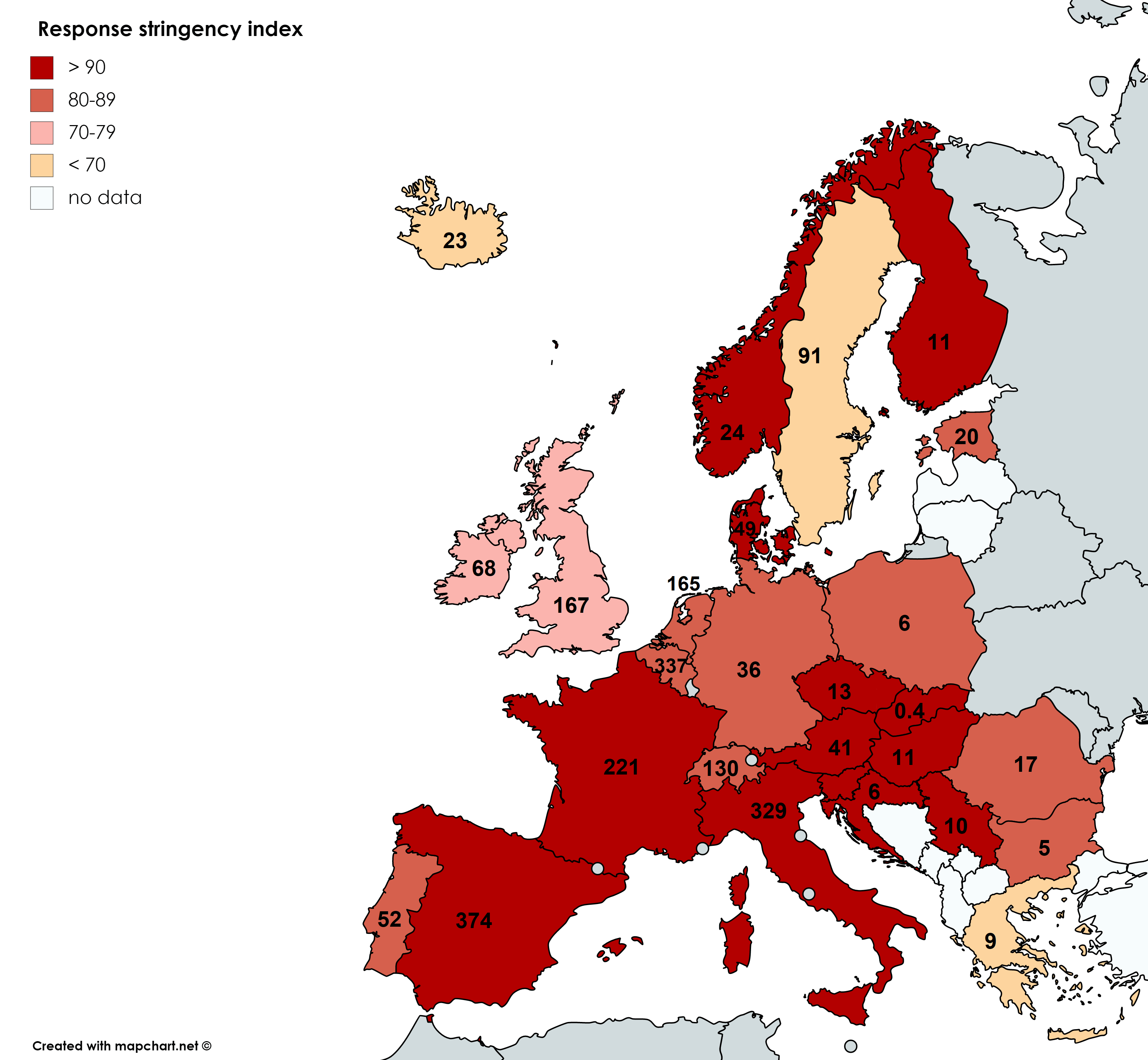 COVID19 Response stringency index and deaths per million europe
