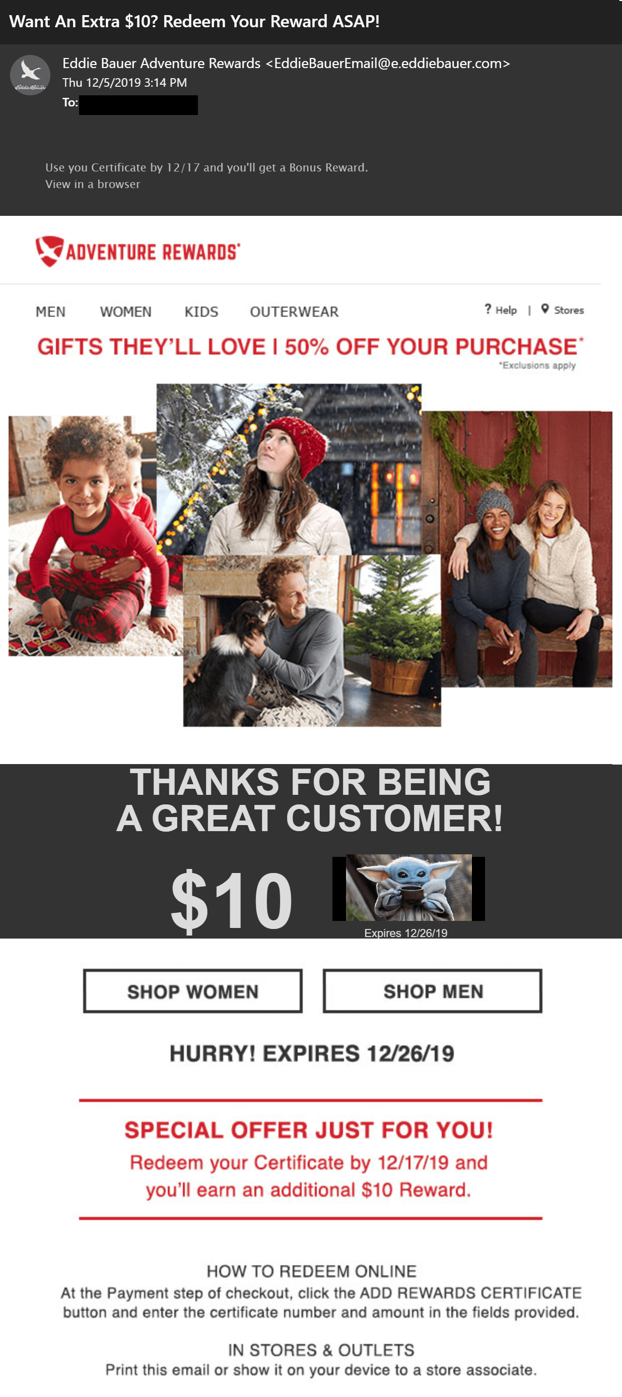 PSA Check your email Eddie Bauer 10 off anything code (stacks with