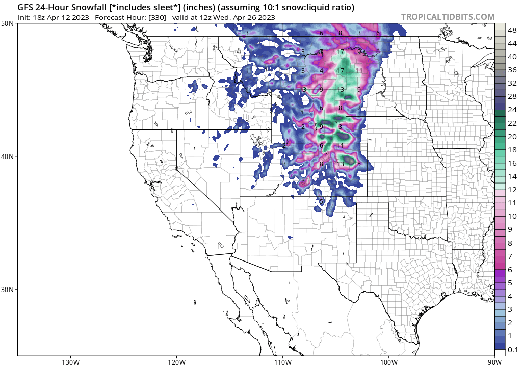 Late April snowstorm to DUMP snow Colorado to Montana/Dakotas. 12 feet