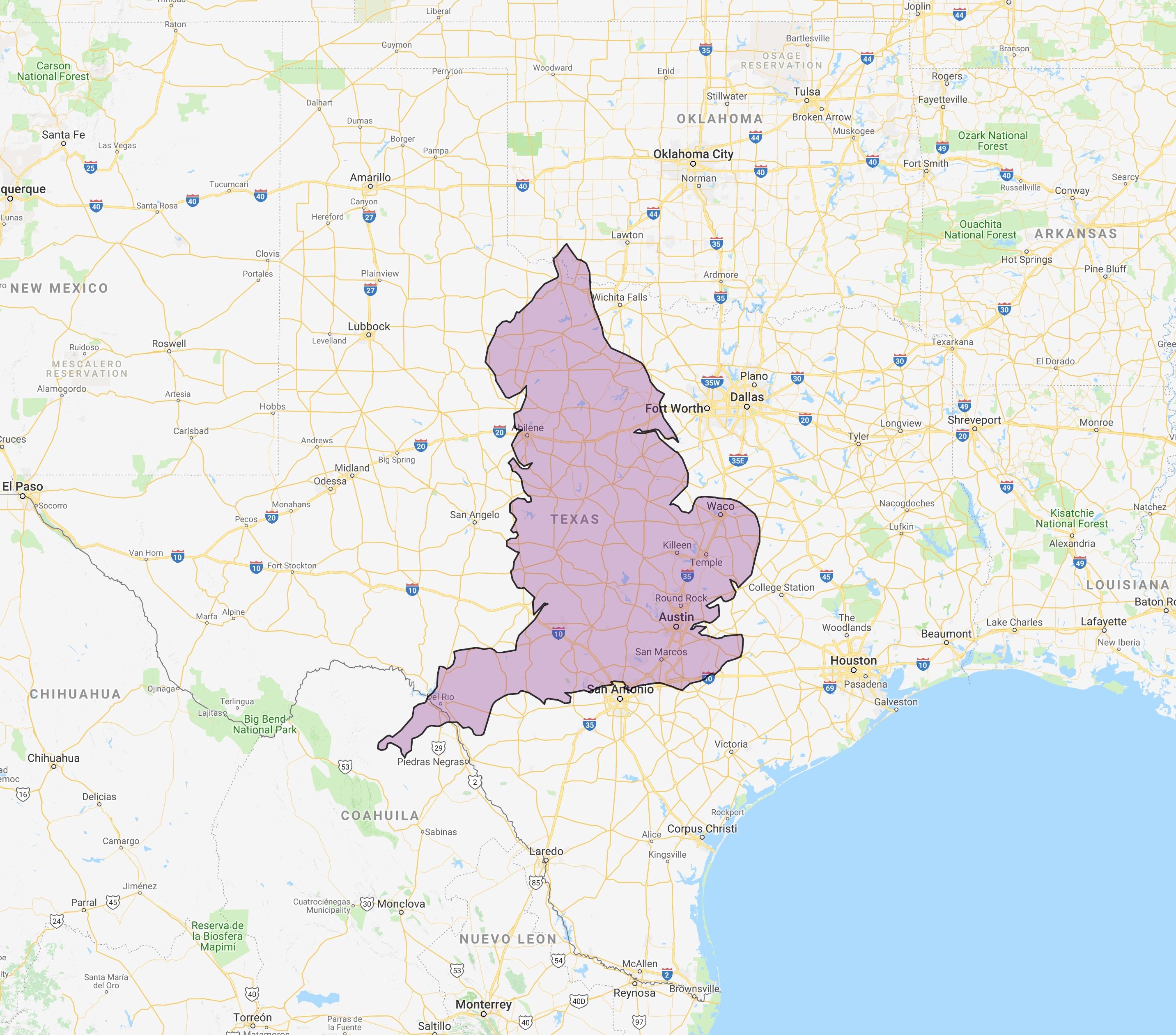 [OC] Map of England over Texas, where the capitals are at the same