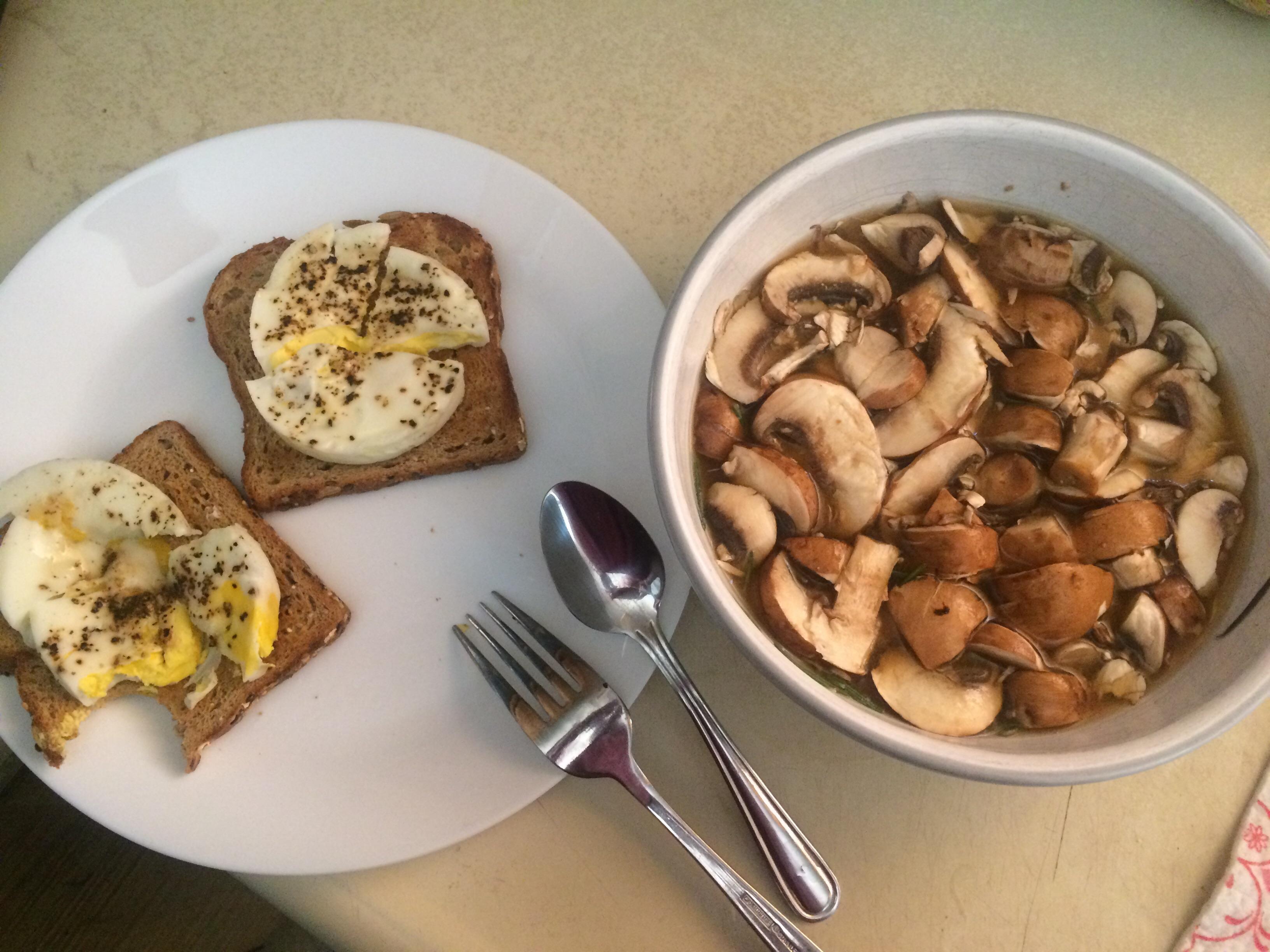 My postgym lunch eggs and toasts with a miso mushroom soup! 330