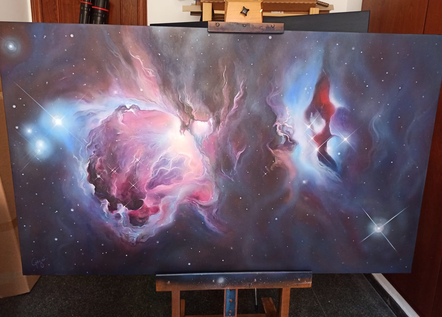 Last commission. Orion Nebula made with acrylics and airbrush. r/InterstellarArt
