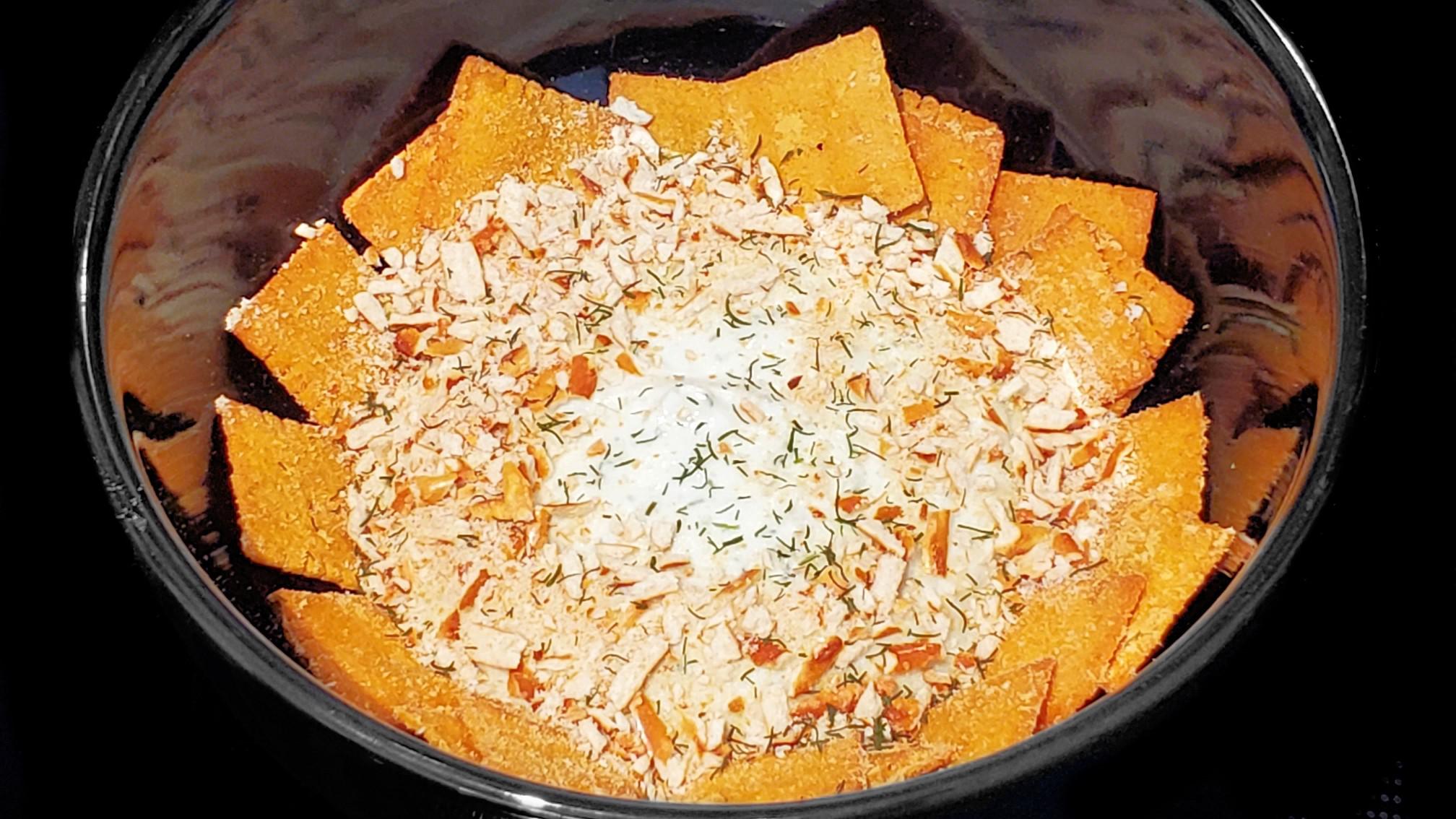 "Savoury Cereal" Feta Cucumber Dill Dip with Cauliflower Crackers and