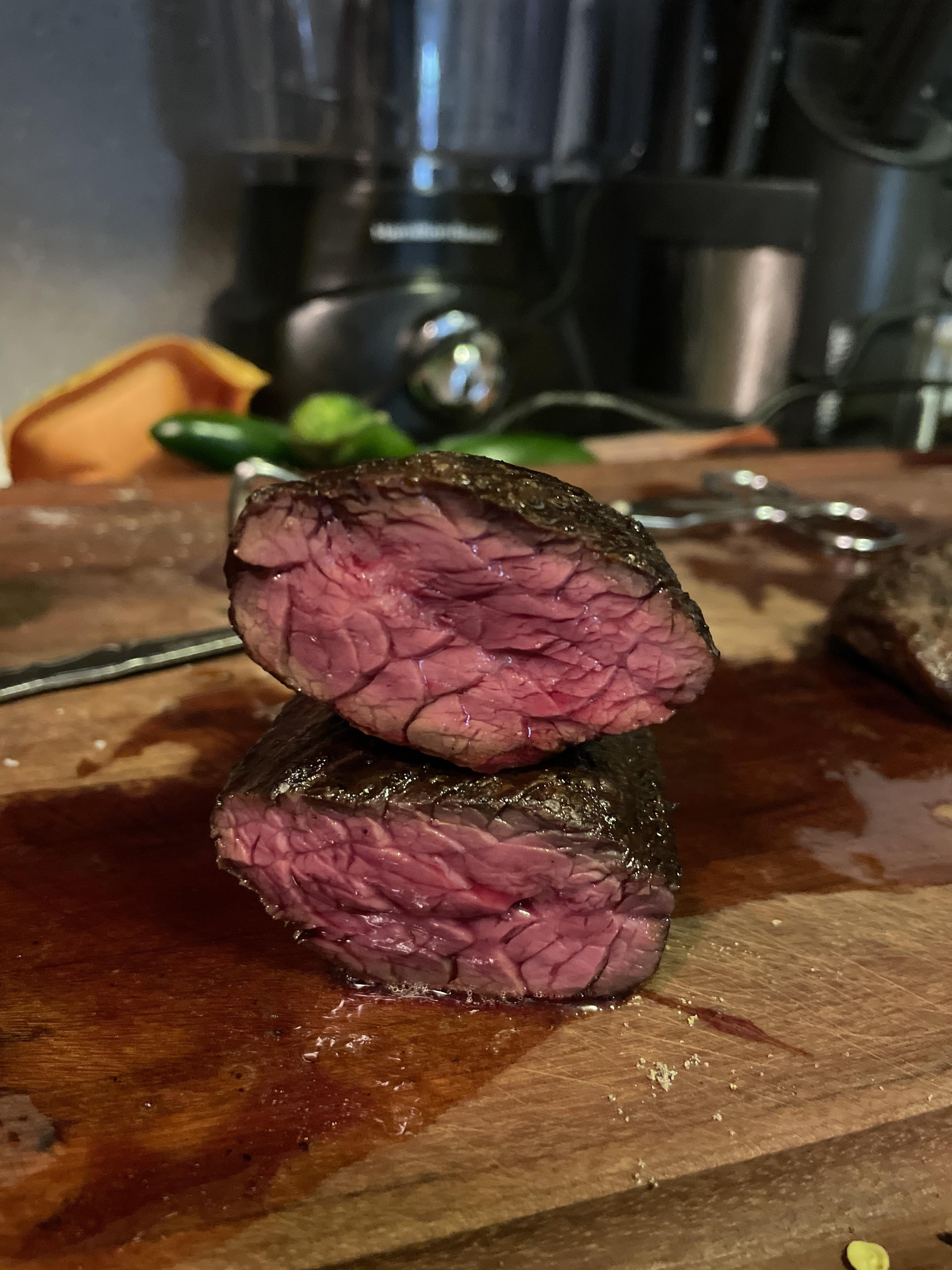 Hanger steak Sous vide at 122 then seared in duck fat in my cast iron