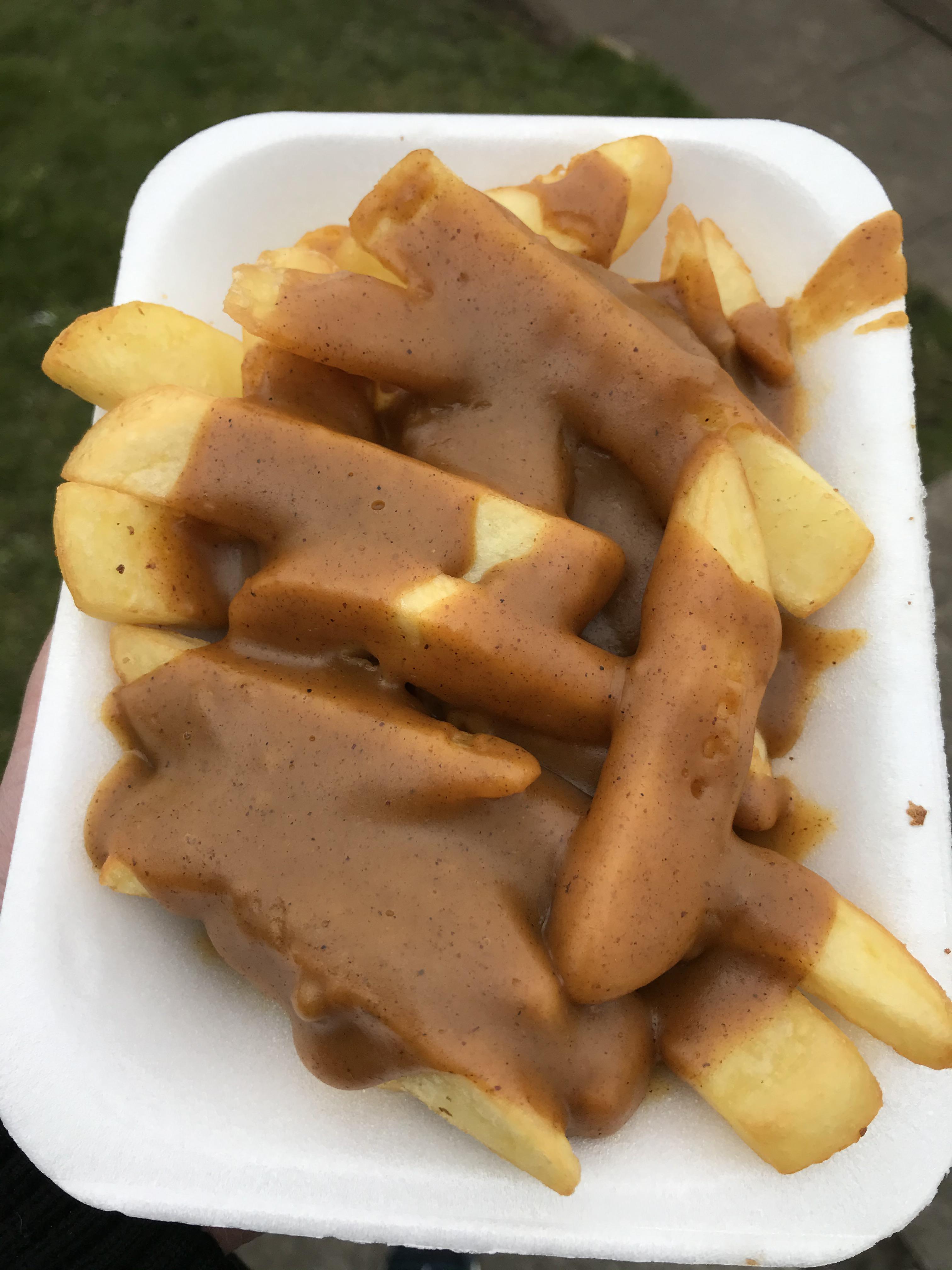 Just chips and chip shop style curry sauce. Only vegan option at the
