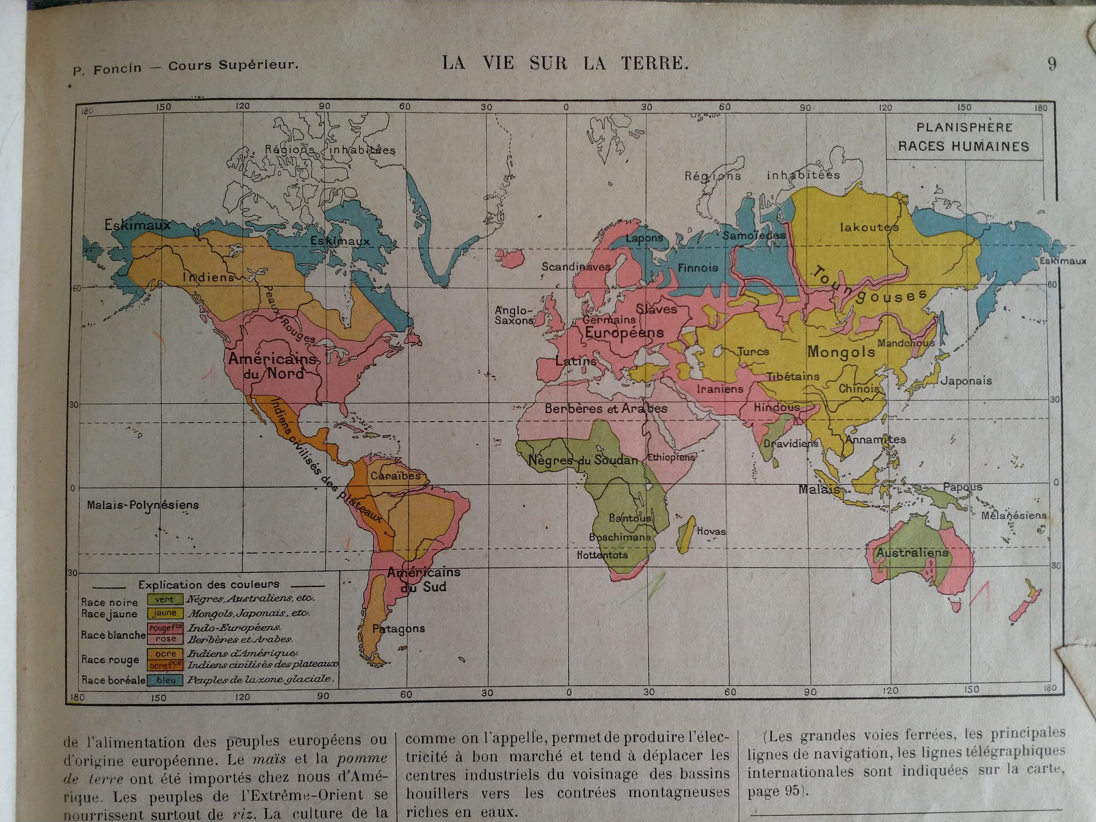 Distribution of "Human Races" in a French geography atlas (1930s) r